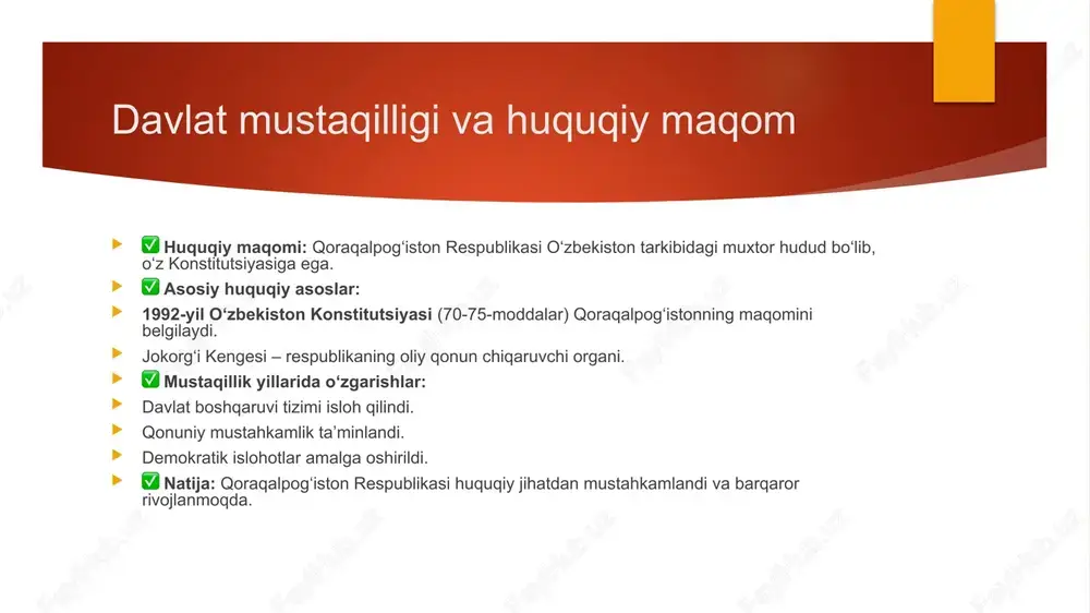 fermalarni tashkil etish orqali sigir, qo‘y va parrandachilik tarmoqlari rivojlantirildi. orol dengizi hududida baliqchilikni rivojlantirish uchun yangi resurslar va usullar joriy etildi. qishloq xo‘jaligi sanoatining rivojlanishi mahsulotlarni qayta ishlash va saqlash uchun yangi korxonalar ochildi, bu esa mahalliy ishlab chiqarishni oshirdi. eksport salohiyati yuqori bo‘lgan qishloq xo‘jaligi mahsulotlari eksport qilindi. natija: qishloq xo‘jaligi samaradorligi oshdi, yangi ish o‘rinlari yaratildi va iqtisodiyotda muhim o‘zgarishlar ro‘y berdi. ekologik muammolar va ularni hal etish choralari ✅ orol dengizining qurishi orol dengizining qurishi natijasida havoning ifloslanishi va tuproq eroziyasi yuzaga keldi. ✅ tuproqning sho‘rlanishi noto‘g‘ri irrigatsiya tufayli tuproq unumdorligi kamaydi, bu dehqonchilikka zarar yetkazdi. ✅ suv resurslarining kamayishi suv resurslari kamayib, qishloq xo‘jaligiga katta muammo tug‘dirildi. ✅ hal etish choralari ekologik himoya dasturlari va yangi texnologiyalar joriy etildi, suv va tuproqni tiklashga qaratilgan ishlanmalar boshlandi. ✅ natija: ekologik muammolarni hal etish uchun kompleks chora-tadbirlar amalga oshirildi. transport va infratuzilma rivoji ✅ transport tarmog‘i yangi …