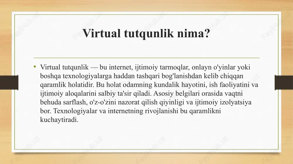 ishlatishga o'rgatish uchun mas'uldir. jamiyatdagi tashkilotlar, maktablar, universitetlar va ijtimoiy xizmatlar o'z xodimlarini va a'zolarini texnologik qaramlikka qarshi kurashish uchun qo'llab-quvvatlashi kerak. boshqa tomondan, media va ommaviy axborot vositalari ijtimoiy tarmoqlardan qanday mas'uliyatli foydalanishni targ'ib qilishda muhim rol o'ynaydi. oilaning roli oila virtual tutqunlikka qarshi kurashishda muhim vosita hisoblanadi. oila a'zolari bir-birini qo'llab-quvvatlashlari va birgalikda texnologiyalardan mas'uliyatli foydalanishni o'rganishlari kerak. oila ichidagi ochiq muloqot, o'zaro tushunish va qo'llab-quvvatlash o'zaro bog'liqlikni mustahkamlashga yordam beradi. shuningdek, oila a'zolari bir-biriga vaqt ajratish va birgalikda faoliyatlar qilish orqali internetga bog'lanishni kamaytirishlari mumkin. virtual tutqunlikni yengish usullari virtual tutqunlikni yengishda turli usullarni qo'llash mumkin. birinchi usul — texnologiyalardan tanaffus olish. bu nafaqat internetdan, balki mobil qurilmalardan ham uzoqlashishni o'z ichiga oladi. ikkinchi usul — sport va jismoniy faoliyat. jismoniy mashqlar, sayr qilish va sport bilan shug'ullanish stressni kamaytiradi va odamni real hayotga qaytaradi. shuningdek, yirik o'yinlar yoki ijtimoiy tarmoqlar bilan shug'ullanishning o'rniga, boshqa qiziqarli faoliyatlarga, …