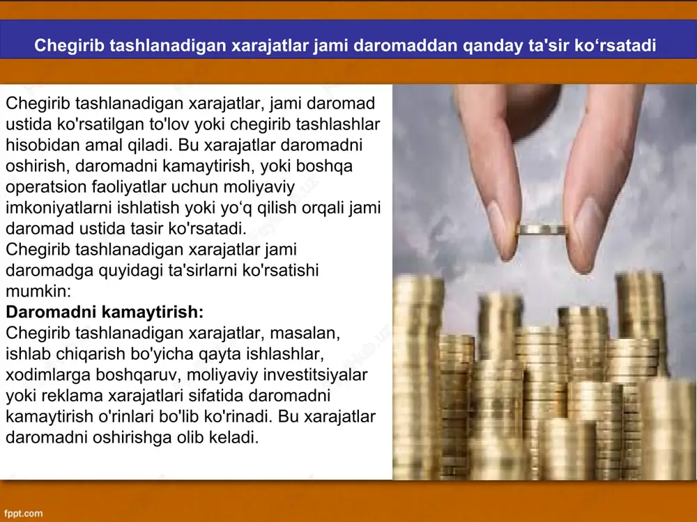 oshganligini o'lchab beradi. sk 305 mavzusidagi foyda solig‘ining tezis qismi, chegirib tashlanadigan xarajatlar tarkibining jami daromaddan olingan chegirma natijasida daromad ustida ta'siri va o'zgartirishining ko'rsatishini ta'kidlaydi. foydalanilgan adabiyotlar https://www.google.com/search?q=marketing+va+reklama:&sca_esv=583219155&tbm=isch&sxsrf=am9hkkmrr7xzgt0gmy6zgpkjvmt37iqbka:1700191374411&source=lnms&sa=x&ved=2ahukewja2q-3isqcaxujrfedhvtrbd0q_auoaxoecaeqaw&biw=1242&bih=592&dpr=1.1 https://www.google.com/search?q=moliyaviy+resurslar:&sca_esv=583219155&tbm=isch&sxsrf=am9hkkmuvkonznj8-myx-cyoaluegg-7na:1700191134242&source=lnms&sa=x&ved=2ahukewi3-uzeicqcaxwusfedhamtajgq_auoanoecaeqba&biw=1242&bih=592&dpr=1.1 https://www.google.com/search?q=ishlab+chiqarish+xarajatlari:&sca_esv=583219155&tbm=isch&sxsrf=am9hkkmw6c3z86o5s8aiszw0mjdqjx3uwa:1700190828940&source=lnms&sa=x&ved=2ahukewi24kkzimqcaxugrvedhqptc4kq_auoaxoecaeqaw&biw=1242&bih=592&dpr=1.1 https://www.google.com/search?q=daromadni+kamaytirish:&sca_esv=583219155&tbm=isch&sxsrf=am9hkkklf6iwbrrj26zrb7pe-6g7rbcygg:1700190132251&source=lnms&sa=x&ved=2ahukewj9oijnhcqcaxueq_edhxhkcuiq_auoanoecamqba&biw=1242&bih=592&dpr=1.1