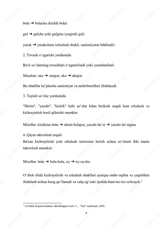 onal tus bag‘ishlashning muhim vositasi hisoblanadi. bunday shakllar bilan so‘zlovchi 6 shaxsning maqsadi aniqroq ifodalanadi, ya’ni u boshqa kishiga nisbatan mehr- muhabbat, iliqlik va yaqinlik hislarini namoyon qiladi.2 misol: o‘g‘lim (‘‘o‘g‘il” so‘zining oddiy shakli) va o‘g‘iljonim (erkalash shakli) o‘rtasidagi farq shundaki, ikkinchisi ona yoki ota uchun bolaga nisbatan mehr- muhabbatni ko‘rsatadi. 4. stilistik foydalanish kichraytirish va erkalash shakllari o‘zbek tilida stilistik jihatdan boylik qo‘shadi. bu shakllar adabiyotda, ayniqsa, she’riyat va nasrda ko‘p qo‘llanadi. adiblar kichraytirish va erkalash shakllarini qo‘llab, o‘z asarlarida samimiy muhit yaratish, personajlarni yaqinroq ifodalashga intiladilar. masalan, abdulla qodiriy, abdulla oripov kabi adiblar asarlarida bu shakllar ko‘p uchraydi. shuningdek, xalq maqollari, she’rlarda ham kichraytirish va erkalash shakllariga duch kelish mumkin. 5. kichraytirish va erkalash shakllarining boshqa tillardagi o‘rniga qaraganda farqlanishi. boshqa tillarda ham kichraytirish va erkalash shakllari mavjud, ammo o‘zbek tilida bu shakllar juda keng va turlicha qo‘shimchalar bilan ifodalanadi. masalan, rus tilida "-chka" (kiska – kiskachka) qo‘shimchasi …
