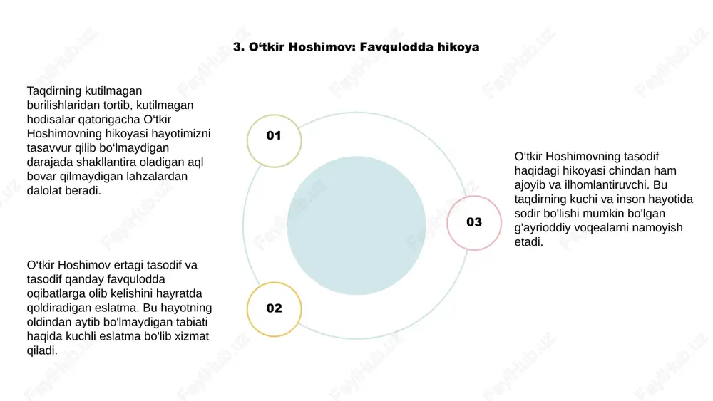 lab turadi. u taqdirning tushunarsiz tabiatini va voqealarning o'zaro bog'liqligini namoyish etadi. 02 voqea rivoji davomida tomoshabinlar o‘tkir hoshimov ertagi to‘qimasini to‘qadigan hayratlanarli tasodiflar ketma-ketligidan hayratda qoladi va o‘quvchi va tinglovchilarda doimiy ta’sir qiladi. 03 10. hikoyani shakllantirish: o‘tkir hoshimov hikoyasidagi tasodif o‘tkir hoshimovning “tasodifiy voqea” hikoyasi – tasodifiy to‘qnashuvlar va taqdirning kutilmagan burilishlari haqidagi maftunkor tushunchaga chuqur kirib boradigan ta’sirchan ertak. hikoya tomoshabinlarni o'z joylarida ushlab turadigan jozibali hikoyani yaratish uchun mohirlik bilan to'qilgan bir qator tasodifiy voqealar bilan rivojlanadi. hoshimovning mohirona hikoya qilish texnikasi tasodif mohiyatini bemalol aks ettiradi, tomoshabinlarda unutilmas taassurot qoldiradi va hayotning oldindan aytib bo‘lmaydigan tabiati haqida mulohazalarni uyg‘otadi. 11. o‘tkir hoshimovning sayohati: surreal tasodiflar silsilasi. 1,2,3 o‘tkir hoshimovning tasodif haqidagi hikoyasi syurreal voqealarga to‘la maftunkor sayohatdir. har bir burilish va burilish bilan uning hayoti bir qator g'ayrioddiy tasodiflar tomonidan boshqariladiganga o'xshaydi. tasodifiy uchrashuvlardan tortib tasodifiy imkoniyatlargacha o'tkirning boshidan kechirganlari haqiqatan ham g'ayrioddiy. 12. o'tkir …