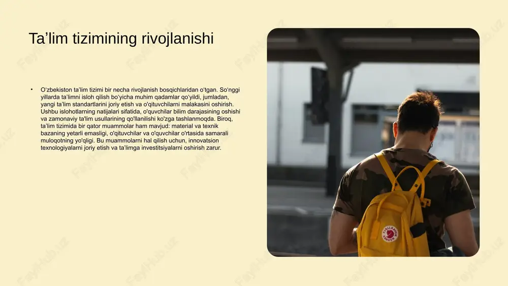 rivojlantirishga xizmat qiladi. bu usul, o'quvchilarga ta’lim olishda qulayliklar yaratadi va ularga vaqtni tejash imkonini beradi. oʻquvchilarga taʼsir etuvchi omillar oʻquvchilarga taʼsir etuvchi omillar orasida o'qish sharoitlari, texnologiyalarga kirish va motivatsiya mavjud. masofaviy taʼlim o'quvchilarni mustaqil fikrlashga, o'z vaqtlarini boshqarishga va o'z-o'zini ta'lim olishga undaydi. oʻqituvchilar uchun imkoniyatlar oʻqituvchilar uchun masofaviy taʼlim yangi imkoniyatlar yaratadi. ular turli xil onlayn platformalarda o'z darslarini o'tishlari, o'qitish uslublarini yangilashlari va o'quvchilar bilan yanada ko'proq muloqot qilishlari mumkin. trening va seminarlar oʻqituvchilar uchun trening va seminarlar taʼlim tizimining muhim jihatlaridan biridir. ushbu tadbirlar innovatsion metodlarni joriy etish va oʻqituvchilarning malakasini oshirishga qaratilgan. - **innovatsion metodlarni joriy etish**: oʻqituvchilarni zamonaviy taʼlim usullari va texnologiyalari bilan tanishtirish, oʼquv jarayonini yanada samarali va qiziqarli qilish uchun zarur. - **oʻqituvchilarning malakasini oshirish**: treninglar va seminarlar orqali oʻqituvchilar o'z bilim va ko'nikmalarini yangilab, professionallik darajasini oshirishlari mumkin. bu o'z navbatida talabalarning taʼlim sifati va natijalariga ijobiy taʼsir ko'rsatadi. ushbu …