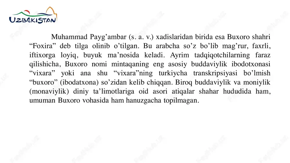 m tashkiloti (isesco) qarori bilan 2007 yilda “toshkent islom madaniyati poytaxti”deb e'lon etilganligi esa, o'zbekistonning musulmon va umumbashariy tsivilizatsiyasiga qo'shgan hissasini keng xalqaro hajamiyat tomonidan e'tirof qilinganligidan dalolat beradi “ziyorat atamasi (ziyara) so'zidan olingan bo'lib “tomosha qilish”, “ko'rishga borish (kelish)” ma'nolarni bildiradi. musulmonlarda “ziyorat”- bu payg'ambarlar, diniy muqaddas joylarni ziyorat qilishdir ziyorat – islomning turistik asosidir. “xojagon” ta'limoti asoschisi xojai jahon abuduxoliq g'ijduvoniyning “safar dar vatan” tariqatiga muvofiq inson o'z yurtiga safarga chiqib turishi lozim buxoro viloyatining romitan tumanida yangi turistik zonaning ochilish marosimi bo‘lib o‘tdi. bukhara desert oasis&spa dam olish maskani qadimiy bo‘rontepa tepaligi yaqinida barpo etilgan. “bukhara desert oasis & spa” majmuasi ushbu hududning 10 gektar maydonini egallagan boʻlib, qoʻshimcha 30 gektar maydonda agro-eko bogʻlar va issiqxonalar barpo etilgan. obyektning birinchi bosqichida - 500 nafar, keyingi bosqichlarida esa bir vaqtning oʻzida 1000 nafardan ortiq dam oluvchi va sayyohlarni qabul qilish imkoniyati yaratiladi. eʼtiborlisi, bu tematik dam olish maskani …