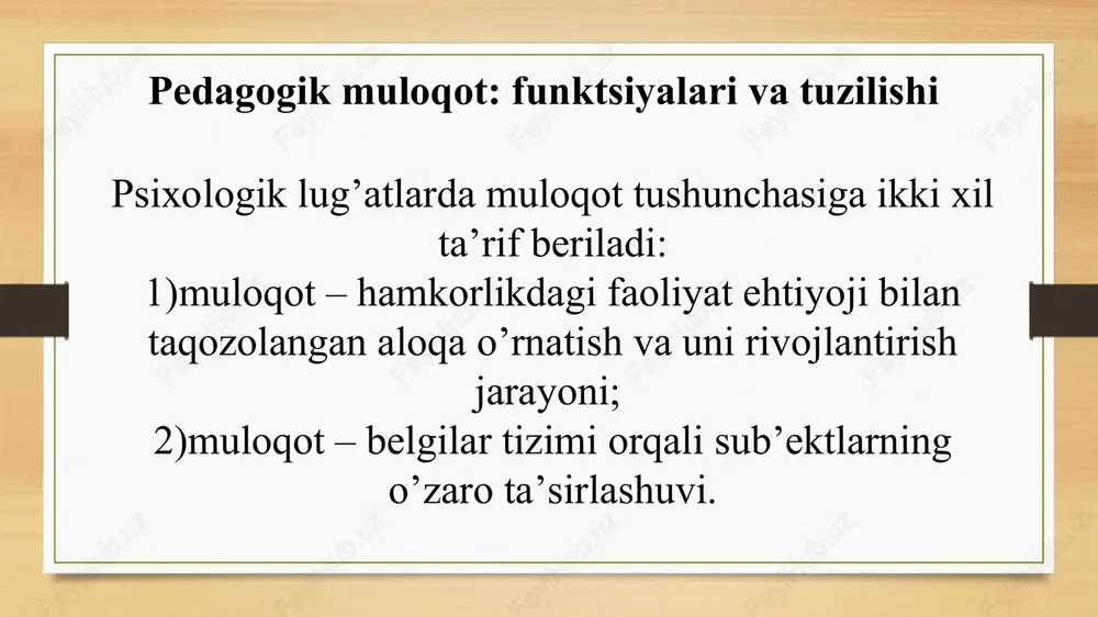 rini ajratishni bilish kerak, ular o’rtasida katta farq bor. agar butun ta’lim jarayonini tashkil qilish va sharoitlarida, jamoali qoidalar va tartiblar tizimida, ushbu jarayonning bir-birlariga nisbatan ijobiy munosabatlari, bo’lajak nizolarda konstruktiv hulqlariga tayyorliklarida haqiqiy ob’ektiv va sub’ektiv o’zgarishlar yaqqol ko’zga tashlansa, nizo samarali hal qilingan hisoblanishi mumkin. adabiyotlar: azizxo’jayeva n.n. pedagogik texnologiyalar va pedagogik mahorat. toskent, 2006. maxsudova m.a. muloqot psixologiyasi. toshkent: turon-iqbol, 2006. -115 omonov x.t., madiyarova s.a. va boshq. pedagogik texnologiyalar va pedagogik mahorat. magistratura uchun darslik. – t.: iqtisod-moliya, 2009. sultonova g.a. pedagogik mahorat. – t.: nizomiy nomidagi tdpu, 2005. yuzlikaeva e.r., madyarova s.a., yanbarisova e.e., morxova i.v. teoriya i praktika obshey pedagogiki. – t., 2013.