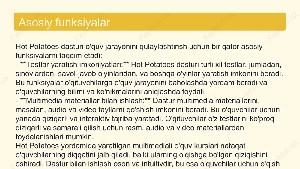 a moslashtirish imkoniyatiga ega bo'lamiz. o'quv kursini rejalashtirish hot potatoes dasturi yordamida o'yinlar va testlar yaratish jarayoni juda sodda. dasturda bir nechta o'yin turlari mavjud: testlar, krossvordlar va javob o'yinlari. har bir o'yin turi o'ziga xos afzalliklarga ega. masalan, testlar o'quvchilarning bilimini tezda baholash imkonini beradi, krossvordlar esa so'z boyligini oshirishda yordam beradi. ushbu o'yinlarning barcha afzalliklari, o'quv jarayonida interaktivlikni oshirib, o'quvchilarning diqqatini jalb qilishdir. hot potatoes bilan o'yinlar yaratish jarayoni photo by agence olloweb on unsplash multimediali o'quv kursini yaratish bosqichlari rejalashtirish multimediali o'quv kursini yaratish jarayoni rejalashtirish bosqichidan boshlanadi. bu bosqichda ta'lim maqsadlari aniqlanadi, o'quv materiallari tanlanadi va kursning umumiy struktura rejalashtiriladi. masalan, talabalar uchun interaktiv testlar va video darslar tayyorlash rejalashtirilishi mumkin. ishlab chiqish ishlab chiqish bosqichida rejalashtirilgan o'quv materiallari yaratiladi. hot potatoes dasturi yordamida interaktiv mashqlar, viktorinalar va boshqa multimedia elementlari ishlab chiqiladi. ushbu bosqichda o'quvchilarning faolligini oshirish uchun turli xil usullar qo'llaniladi, masalan, video materiallar …