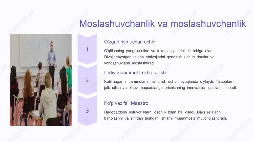 ini to'liq ro'yobga chiqarish uchun shaxsiy yordam va dalda berish imkoniyatiga ega. 9 xulosa xulosa qilib aytganda, ushbu taqdimot sizni ajoyib o'qituvchi qiladigan ko'plab fazilatlarni ta'kidladi. o'qitishga bo'lgan cheksiz ishtiyoqingiz, talabalar muvaffaqiyatiga sodiqligingiz va moslashuvchanligingiz sizni ajratib turadigan bir nechta xususiyatlardir. sizning kuchli muloqot qobiliyatingiz, ijodkorligingiz va sabr-toqatingiz har bir talaba rivojlanish uchun zarur bo'lgan individual e'tibor va yordamni olishini ta'minlaydi. bir umrlik o'quvchi va innovator sifatida siz doimo empatik va hissiy aqlli yondashuv asosida o'z mahoratingizni oshirishga intilasiz. o'sish va tushunishga bo'lgan bu fidoyilik sizni haqiqatan ham talabalaringiz hayotida o'zgartiruvchi kuchga aylantiradi. 10 image1.png image2.png image3.png image4.png image5.png image6.png image7.png image8.png image9.png image10.png image11.png image12.png image13.png image14.png image15.png