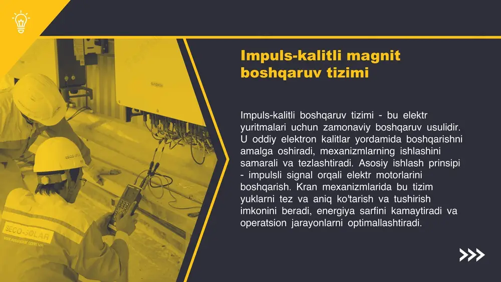 hlilikni taklif etadi. innovatsion yechimlar avtomatlashtirish va jarayonlarni optimallashtirishga qaratilgan. ularning yordamida ish jarayonlari tezlashadi. energiyani tejash orqali iqtisodiy foyda ko'riladi, bu esa xarajatlarni kamaytiradi va rentabellikni oshiradi. kelajak istiqbollari - rivojlanish tendensiyalari: kran mexanizmlarida yangi texnologiyalar va innovatsiyalar, energiya samaradorligini oshirish va ish jarayonlarini optimallashtirish. - o'zgaruvchan talablar: bozor talabining o'zgarishi, xavfsizlik standartlari va ekologik talablar. - impuls-kalitli boshqaruv tizimlarining kelajagi: tezkor va samarali boshqaruv tizimlarining rivojlanishi, avtomatizatsiya va masofadan boshqarish imkoniyatlari. photo by josh olalde on unsplash elektr yuritmalari - elektr energiyasini mexanik energiyaga aylantiruvchi tizimlardir. ular kran mexanizmlarida yuklarni harakatlantirishda muhim o'rin tutadi. zamonaviy yechimlar, masalan, avtomatlashtirish texnologiyalari, kranlarni yanada samarali ishlatishga yordam beradi. kran mexanizmlari zamonaviy sanoat va qurilishda muhim rol o'ynaydi. ular yuklarni xavfsiz va samarali tarzda boshqarish uchun mo'ljallangan. elektr yuritmalari esa, kran mexanizmlarining harakatini ta'minlovchi muhim komponentlardir. kran mexanizmlarining vazifalari va roli elektr yuritmalari va zamonaviy yechimlar zamonaviy yechimlar: energiya samaradorligi zamonaviy elektr …