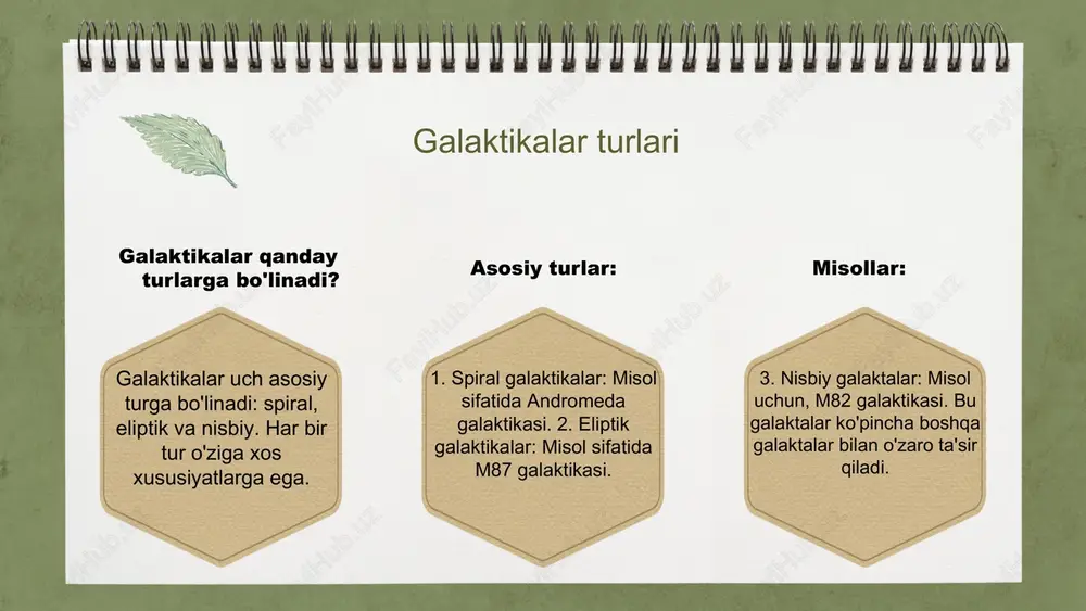 r o'lchovlari tahlil usullari muhim faktlar va statistikalar galaktikalar o'lchovlari astronomiya sohasida muhim ahamiyatga ega. ular galaktikalar orasidagi masofalarni, ularning o'lchovlarini va umumiy xususiyatlarini aniqlashda ishlatiladi. o'lchovlar asosan parallax, yorug'lik intensivligi va spektral tahlil asosida amalga oshiriladi. galaktikalarni tahlil qilishda bir nechta usullar ishlatiladi, jumladan, statik tahlil, dinamik modeling va kompyuter simulyatsiyalari. ushbu usullar galaktikalar tuzilishi, evolyutsiyasi va o'zaro ta'sirlarini aniqlash imkonini beradi. tahlil natijalari astronomik tadqiqotlar uchun muhim ma'lumotlar beradi. so'nggi yillarda galaktikalar o'lchovlari bo'yicha statistik ma'lumotlar yanada kengaymoqda. masalan, hubble kosmik teleskopi yordamida 200 milliarddan ortiq galaktikalar haqida ma'lumot to'plandi. ushbu statistikalar astronomlar uchun galaktikalar tarqalishini va ularning xususiyatlarini tushunishda asosiy manba hisoblanadi. galaktikalar: xulosa va taqqoslash galaktikalar o'zaro turli o'lchamlar va turlarga ega. ular asosan spiral, elliptik va notekis shakllarda bo'ladi. spiral galaktikalar, masalan, andromeda, burilish spiral shaklida joylashgan va yulduzlar va gaz bilan boydir. elliptik galaktikalar esa, odatda, to'liq yulduzlar va bir oz gazdan iborat bo'lib, …