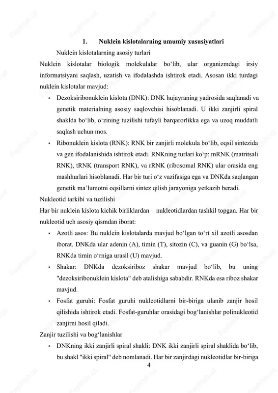 dlarga moslab joylashtiradi. shu jarayon tufayli genetik informatsiya avloddan-avlodga o‘zgarmasdan uzatiladi. · mutatsiyalar va evolyutsiya: ba’zi hollarda replikatsiya jarayonida xatoliklar sodir bo‘lishi mumkin. bu xatoliklar, ya’ni mutatsiyalar, yangi genetik xususiyatlarning paydo bo‘lishiga olib keladi va evolyutsion jarayonlarda muhim rol o‘ynaydi. rnk orqali genetik informatsiyaning uzatilishi dnkdan olingan genetik informatsiya rnk orqali oqsil sinteziga uzatiladi. bu jarayon ikki bosqichda amalga oshadi: · transkripsiya: bu jarayonda dnkdagi ma’lumotlar mrnk (matritsali rnk) molekulasiga ko‘chiriladi. transkripsiya jarayoni yadrodagi dnk zanjirining bir qismidan boshlanadi va mrnk molekulasining hosil bo‘lishi bilan tugaydi. mrnk o‘zida dnkdagi genetik kodning nusxasini saqlaydi va uni oqsil sintezi joyiga yetkazadi. · translyatsiya: ribosoma tomonidan amalga oshiriladigan bu jarayonda mrnkdagi genetik kod trnk (transport rnk) yordamida aminokislotalar ketma-ketligiga aylantiriladi va oqsil molekulasi hosil qilinadi. bu jarayon oqsillarning hujayra tuzilmasida o‘z vazifalarini bajarishiga yordam beradi. genetik kod va uning nasldan-naslga uzatilishi · genetik kod tushunchasi: dnkdagi nukleotidlar uchligi (triplet) biror bir aminokislotani kodlaydi. …