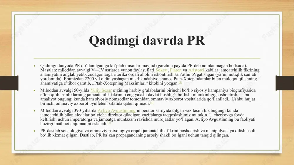 idagi faoliyatlarni oʻz ichiga oladi: — korxona tomonidan ishlab chiqilgan har qanday mahsulotini, savdo tashkilotini yoki xizmat turini ijobiy imidjini yaratish va saqlash; — savdo kompaniyalari va maxsulotlarning brendlari va logotiplarini shakillantirish; — reklama kampaniyalarini tashkil etish, tovar va xizmatlarni ilgari surish. media sohasidagi pr [tahrir | manbasini tahrirlash] uchinchi guruh — ommaviy axborot vositalarida pr boʻlib, u quyidagi vazifalarni bajaradi: -matbuotda materiallar yozish va chop etish; — televideniyeda axborot tayyorlash; — ommaviy axborot vositalarida jamoatchilik eʼtiborini jalb qilish uchun tadbirlar tashkil etish; — reklama; — yangiliklarni „yaratish“; — kompaniya yoki alohida shaxslarning ijobiy imidjini yaratish; — ommaviy axborot vositalari yordamida jamiyatni ishontirish.[11] amaliy usullarga koʻra pr turlari amaldagi usullarga koʻra pr turlarini 3 ta katta guruhga boʻlish mumkin: konfliktli. uning zamirida qarshilik va kurash yotadi. ijtimoiy. xayriya va aholining ayrim qatlamlarining hayot sifatini yaxshilash bilan bogʻliq. virusli. unda foydalanuvchilar oʻzaro baham koʻradigan aksiyalar va flesh-moblardan foydalaniladi.[12] manbalar „introduction to …