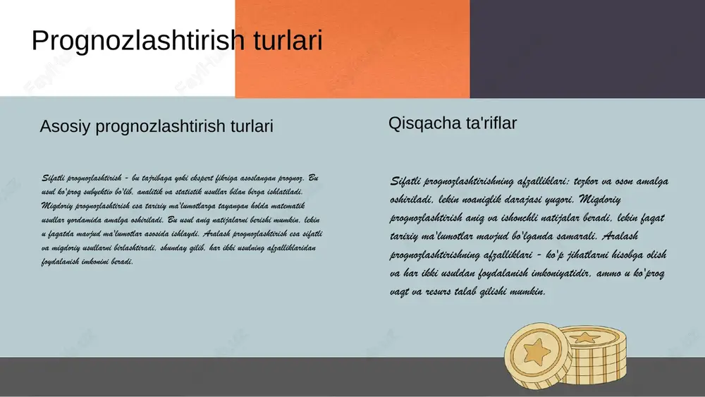 'lum parametrlar asosida kelajakdagi hodisalarni bashorat qilish. - parametrik bo'lmagan prognoz: o'zgaruvchilarning taqsimotiga bog'liq bo'lmagan metodlar, ma'lumotlarning tarqatilishi haqida aniq farazlar qilmasdan prognoz qilish. statistik prognozlashtirish jarayonining bosqichlari 1-bosqich: ma'lumotlarni to'plash. ushbu bosqichda, kerakli ma'lumotlar to'planadi va tahlil uchun tayyorlanadi. bu ma'lumotlar statistik, tarixiy yoki boshqa turdagi bo'lishi mumkin. 2-bosqich: ma'lumotlarni tahlil qilish. to'plangan ma'lumotlar tahlil qilinadi, ulardan muhim tendensiyalar va naqshlar aniqlanadi. 3-bosqich: prognoz modellarini yaratish. tahlil qilingan ma'lumotlarga asoslanib, prognoz modellarini ishlab chiqish amalga oshiriladi. 4-bosqich: prognozlarni amalga oshirish. yaralangan modellar asosida prognozlar amalga oshiriladi va natijalar baholanadi. ushbu jarayon prognozlashtirishning turli turlarini amalga oshirishda muhim ahamiyatga ega. har bir bosqich o'zining ahamiyatiga va natijalariga ega. masalan, ma'lumotlarni to'plashda aniqlik va to'liq ma'lumotlar olish, tahlil qilishda esa ma'lumotlar orasidagi bog'lanishlarni aniqlash zarur. bu jarayonlarni to'g'ri bajarish, to'g'ri prognozlarni olishga yordam beradi. bosqichlar jadvali ma'lumot to'plashdan prognozga tasodifiy jarayonlar va ularning statistik prognozlarda roli tasodifiy jarayonlar - bu vaqt …