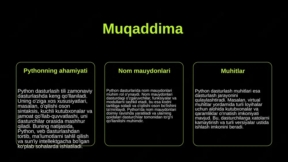 va dasturchilar orasida hamkorlikni osonlashtirish maqsadida ishlatiladi. har bir dasturchi o'z kodini boshqalar uchun tushunarli qilib yozishi zarur, shuning uchun to'g'ri nom mauydonlarini tanlash juda muhimdir. photo by mohammad rahmani on unsplash nom mauydonlari turlari mahalliy nom mauydonlari mahalliy nom mauydonlari python dasturlash tilida faqat bir modul ichida mavjud bo'lib, o'sha modulga xos o'zgaruvchilar, funksiyalar va klasslar nomlarini o'z ichiga oladi. masalan, agar siz biror modulda 'x' o'zgaruvchisidan foydalansangiz, bu o'zgaruvchi faqat shu modul ichida ko'rinadi. bunday nom mauydonlari dasturiy ta'minotning modul tuzilishini yaxshilaydi va nomlar to'qnashuvini oldini oladi. global nom mauydonlari global nom mauydonlari esa butun dastur bo'ylab mavjud bo'lib, barcha modullar uchun ochiqdir. masalan, agar siz global o'zgaruvchi yaratgan bo'lsangiz, uni har qanday modulda chaqirish imkoniyatiga ega bo'lasiz. global nom mauydonlari dasturda umumiy resurslarni aniqlash va ulardan foydalanish imkonini beradi, lekin ular nomlarni to'qnashuviga olib kelishi mumkin, shuning uchun ehtiyotkorlik bilan foydalanish kerak. o'zgaruvchilar, funksiya va klass nomlari …