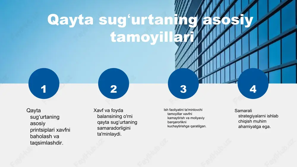 i yuqori xavfli hududlardan kelayotgan xavflarni past xavfli hududlardan ajratishi mumkin. bunday usullar sugʻurta kompaniyalarining moliyaviy barqarorligini ta'minlashda muhim rol o'ynaydi. qayta sugʻurta jarayonlarining samaradorligi qayta sugʻurta jarayonlarining samaradorligini oshirish uchun bir qator strategiyalar mavjud: 1. **ma'lumotlarni tahlil qilish:** har bir jarayon uchun aniq ma'lumotlar to'plash va tahlil qilish. 2. **texnologiyalardan foydalanish:** raqamli yechimlar va dasturlar orqali jarayonlarni avtomatlashtirish. 3. **xodimlarni tayyorlash:** mutaxassislarni muntazam ravishda malaka oshirish va yangi metodlar haqida xabardor qilish. 4. **mijozlar bilan aloqalar:** mijozlar bilan doimiy aloqa o'rnatish va ularning ehtiyojlariga mos yechimlar taklif etish. bu usullar qayta sugʻurta jarayonlarini samaradorligini oshirishga qo'shimcha imkoniyatlar yaratadi. **swot tahlili:** - **kuchli tomonlar:** yuqori malakali xodimlar, zamonaviy texnologiyalar. - **zaif tomonlar:** resurslar etishmasligi, yangi metodlarni qabul qilishdagi qiyinchiliklar. - **imkoniyatlar:** bozorning kengayishi, yangi xizmatlar taqdim etish. - **tahdidlar:** raqobatchilar, iqtisodiy o'zgarishlar. photo by clark van der beken on unsplash qayta sugʻurta jarayonlarida xatolar qayta sugʻorta jarayonlari davomida bir qancha …