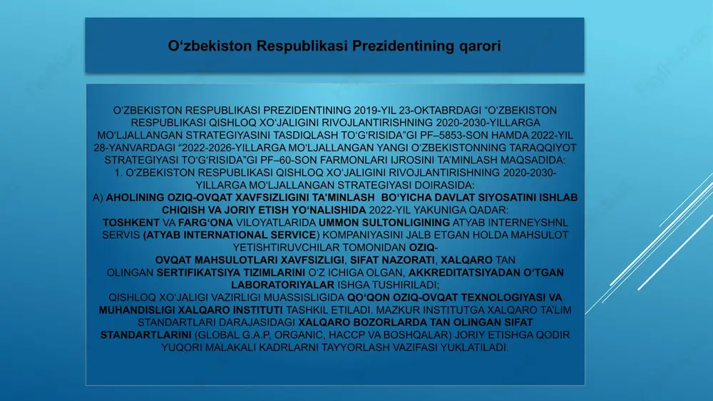 ni pistachilikka ixtisoslashtirish yuzasidan vazirlar mahkamasiga takliflar kiritsin; g) yer va suv resurslaridan samarali foydalanish yo‘nalishi doirasida: kosmik suratlar va uchuvchisiz uchish apparatlarining materiallari hamda dala kuzatuv ma’lumotlarini tahlil qilish orqali 3 million gektardan ortiq sug‘oriladigan yerlar, 400 ming gektardan ortiq ko‘p yillik daraxtzorlar va 450 ming gektardan ortiq lalmi yerlarning tizimli monitoringi yo‘lga qo‘yiladi; qoraqalpog‘iston respublikasi va viloyatlarda joriy yilda 1-ilovada keltirilgan prognoz ko‘rsatkichlarga muvofiq 133,5 ming gektardan ortiq yer maydonlari qayta foydalanishga kiritiladi va o‘zlashtiriladi; qishloq xo‘jaligi yerlarining geoaxborot tizimida 6 turdagi asosiy (paxta, g‘alla, sholi, kartoshka, makkajo‘xori hamda moyli ekinlar) qishloq xo‘jaligi ekinlarining ekilishi, vegetatsiya davrini tahlil qilish yo‘lga qo‘yiladi. qishloq xo‘jaligi vazirligi (j.xodjayev, m.ro‘zmetov), suv xo‘jaligi vazirligi (sh.xamrayev) qoraqalpog‘iston respublikasi vazirlar kengashi va viloyatlar hokimliklari 2022-yil yakuniga qadar mazkur kichik banddagi chora-tadbirlarning o‘z vaqtida bajarilishiga shaxsan mas’ul ekanligi belgilab qo‘yilsin; d) qishloq xo‘jaligida ilm-fan, ta’lim, axborot va maslahat xizmatlari tizimini rivojlantirish yo‘nalishida: andijon, namangan, farg‘ona, jizzax, …