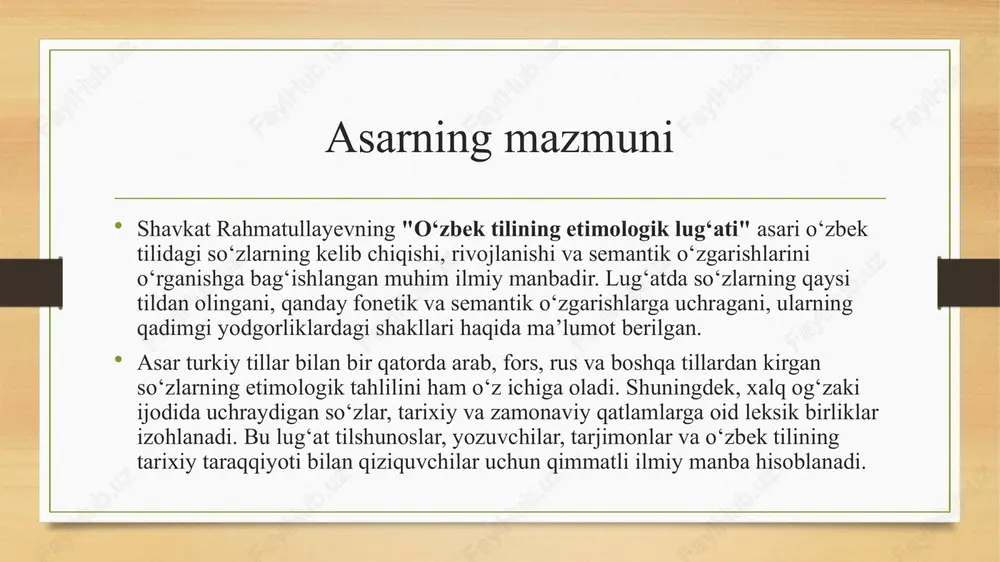 taalluqlidir. bu so‘zlarning dastlabki shakllari qadimiy turkiy yodgorliklarda uchraydi. o‘rta asr qatlamiga esa asosan, arab va fors-tojik tillaridan o‘zlashgan so‘zlar kiradi. ular ilm-fan, din, madaniyat va boshqaruv bilan bog‘liq bo‘lib, "adabiyot", "ma’rifat", "hukumat" kabi so‘zlar bu davrga xos. zamonaviy qatlam – asosan, xx-xxi asrlarda shakllangan bo‘lib, rus va g‘arb tillaridan olingan so‘zlarni o‘z ichiga oladi. masalan, "telefon", "kompyuter", "elektr" kabi so‘zlar shu qatlamga tegishli. lug‘atda bu so‘zlarning kelib chiqishi, tarixiy rivojlanishi va semantik o‘zgarishlari ilmiy asosda yoritilgan. bu esa o‘zbek tilining boyligi va uning tarixiy shakllanish jarayonini o‘rganishda muhim ahamiyat kasb etadi. so‘zlarning semantik o‘zgarishi shavkat rahmatullayevning "o‘zbek tilining etimologik lug‘ati" asarida so‘zlarning semantik o‘zgarishlari ham batafsil tahlil qilingan. lug‘atda ba’zi so‘zlarning dastlabki ma’nosi va hozirgi kundagi ma’nosi o‘rtasidagi farqlar yoritilib, ularning tarixiy taraqqiyoti tushuntiriladi. masalan, "yulduz" so‘zi qadimda "yorqin" ma’nosida ishlatilgan bo‘lsa, keyinchalik osmondagi jism nomi sifatida qo‘llanila boshlagan. shuningdek, "sulton" so‘zi dastlab "hokimiyat, qudrat" ma’nosini bildirgan bo‘lsa, keyinchalik …