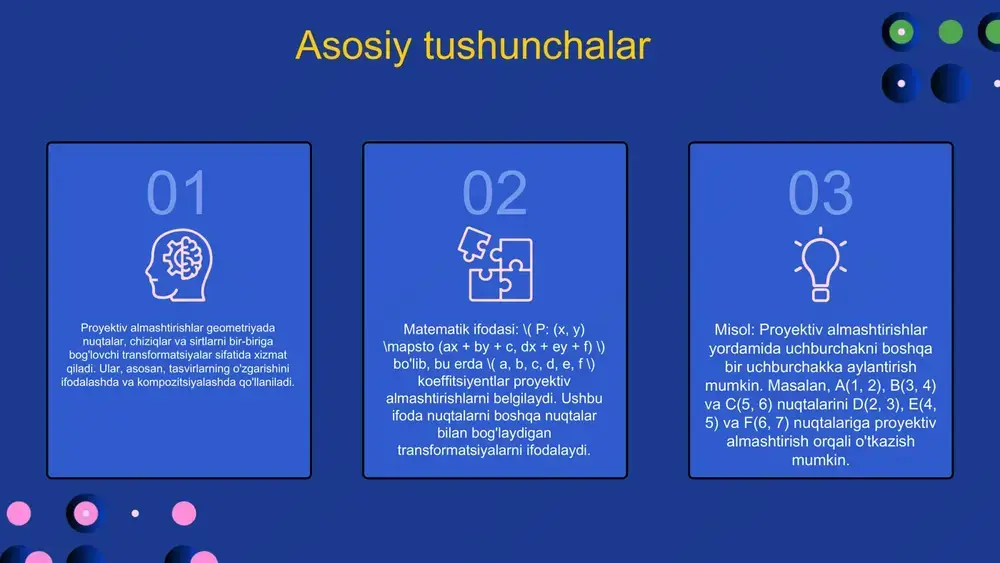 rafikasi kompyuter grafikasi sohasida proyektiv almashtirishlar 3d tasvirlarni 2d ga o'tkazishda keng qo'llaniladi. bu texnologiya video o'yinlar va animatsiyalar yaratishda asosiy rol o'ynaydi. fizika fizikada proyektiv almashtirishlar optikada tasvirlarni o'zgartirishda ishlatiladi. masalan, kamera va proyektorlar yordamida tasvirlarni to'g'ri o'lchovlarda ko'rsatish uchun kerak. boshqa sohalar proyektiv almashtirishlar virtual reallik va displey tizimlarida ham qo'llaniladi. bu usullar yordamida foydalanuvchilarga interaktiv va haqiqiy ko'rinishda tajriba taqdim etiladi. 01 02 03 04 misol: 3d ob'ektni 2d ga o'tkazish proyektiv almashtirish jarayoni 3d ob'ektni 2d tasvirga o'tkazish jarayonida proyektiv almashtirishlar qo'llaniladi. bu jarayonda har bir nuqta proyektiv almashtirish formulalari yordamida yangi joylashuvga ega bo'ladi. ob'ektni 2d ga o'tkazishda uning ko'rinishi va joylashuvi muhim ahamiyatga ega. kub misoli kubni proyektiv almashtirish orqali 2d ga o'tkazish jarayonida, uning barcha nuqtalari proyektiv formulasidan foydalanib, yangi joylashuvga ega bo'ladi. bu jarayon orqali kubning 2d tasvirida qanday ko'rinishga ega bo'lishi namoyish etiladi. muammolar va yechimlar proyektiv almashtirishlar jarayonida yuzaga kelishi …
