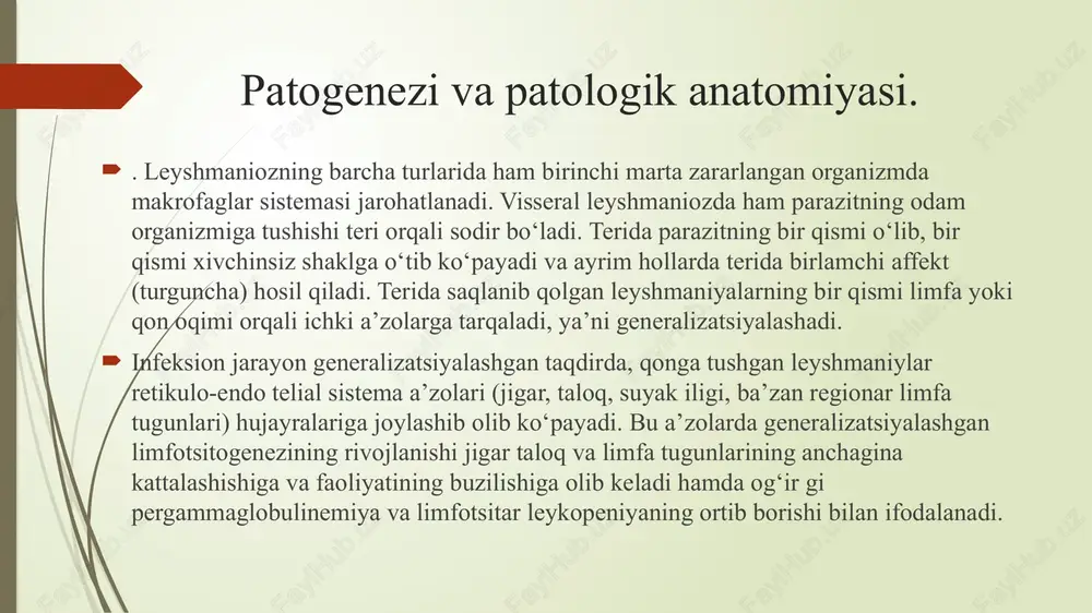 lan bo‘yaladi va mikroskop (hozirgi davrda hatto elektron mikroskop) ostida ko‘riladi. i.a.kassirskiy taklif etgan — to‘sh suyagini punksiya qilish usuli xavfli bo‘lganligi va bundan ko‘p qon olib bo‘lmasligi tufayli 1950-yillardan boshlab yonbosh suyagiga punksiya qilish usulidan foydalanib kelinmoqda serologik usullardan — kompliment biriktirish reaksiyasi, immunoferment analiz (ifa) va boshqalar qo‘llanadi. biologik usullaridan ham foydalanish mumkin. davolash. hozirgi davrda leyshmaniozni davolashda qo‘llanilayotgan dorilar orasida 5-valentin surma preparatlari eng samarali hisoblanadi. preparat tizimda ko‘rsatilgan dozada har kuni bir marta, katta yoshdagi bemorlarga esa u dozani ikkiga bo‘lib, yarmini ertalab, qolgan yarmisini kechqurun venaga yuboriladi. agar 7-5 marta yuborilgandan so‘ng bemorning ahvoli tuzalishga boshlanmasa, preparat dozasini bolalarga har bir kilogramm og‘irligiga 0,15 g dan, kattalarga — 0,12 g dan oshirish kerak bo‘ladi s u r m a preparatlari bemorda zotiljam, nefrit va sariqlik bo‘lgan taqdirda juda ehtiyotlik bilan qo‘llanmog‘i kerak. davolash chog‘ida dizenteriya, toksik dispepsiya, pnevmoniya, difteriya, skarlatina singari kasalliklar qo‘shilgan taqdirda surma …