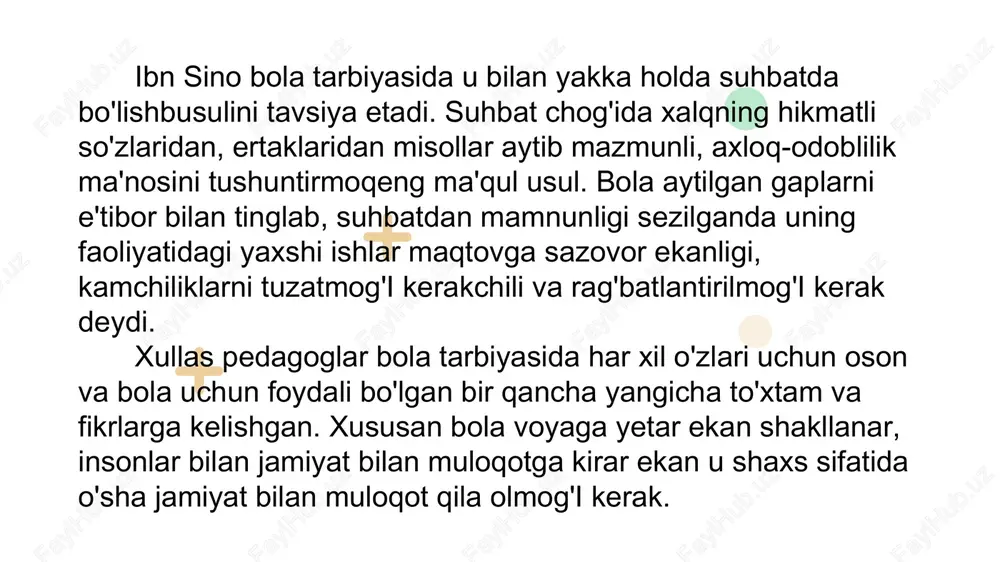 tarlicha shakllanadi. va shu me'zonga loyiq bola boshlaydi. 8 axloq insonga har jabhada yordam beradi. u insondagi ommaviy ma'daniyatni (kiyinish, ovqatlanish, o'zini tuta bilishi, gapirish, salomlashish v.k.) ham yaqqol ochib berdi. kishining ta'lim jarayonida bilimni, ilmni bilish o'rganish, bevosita axloq bilan namoyon bo'ladi. 9 image1.png image2.png image3.jpeg image4.png
