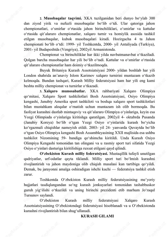 shkil etilgan musobaqalar, kubok musobaqalari kiradi. hozirgacha 4 ta jahon chempionati bo‘lib o‘tdi: 1999- yil toshkentda, 2000- yil antaliyada (turkiya), 2001- yil budapeshtda (vengriya), 2002yil armanistonda. chempionat va birinchiliklar har ikki yilda navbatmanavbat o‘tkaziladi. qolgan barcha musobaqalar har yili bo‘lib o‘tadi. kattalar va o‘smirlar o‘rtasida qit’alararo chempionatlar ham doimiy o‘tkazilmoqda. buyuk britaniya kurash assotsiatsiyasi 2000- yildan boshlab har yili london shahrida an’anaviy islom karimov xalqaro turnirini muntazam o‘tkazib kelmoqda. bundan tashqari, kurash milliy federatsiyasi ham har yili eng kami beshta milliy chempionat va turnirlar o‘tkazadi. 3. xalqaro munosabatlar. xka rahbariyati xalqaro olimpiya qo‘mitasi, xalqaro sport tashkilotlari bosh assotsiatsiyasi, osiyo olimpiya kengashi, janubiy amerika sport tashkiloti va boshqa xalqaro sport tashkilotlari bilan mustahkam aloqalar o‘rnatish uchun muntazam ish olib bormoqda. bu faoliyat kurashni dastlab mintaqaviy va qit’alararo olimpiya o‘yinlariga, keyin esa yozgi olimpiada o‘yinlariga kiritishga qaratilgan. 2002yil 4- oktabrda pusanda (janubiy koreya) bo‘lib o‘tgan yozgi osiyo o‘yinlarida kurash bo‘yicha ko‘rgazmali chiqishlar …