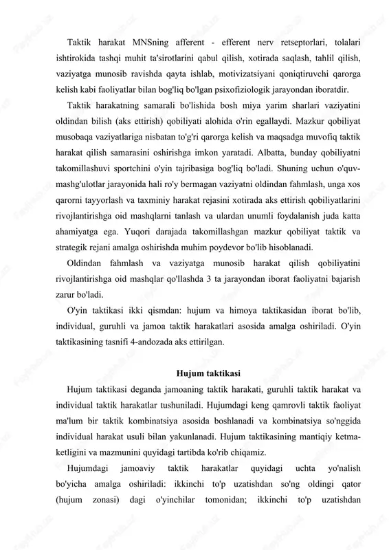 uzatishdan so'ng oldingi qator (hujum zonasi) dagi o'yinchilar tomonidan; ikkinchi to'p uzatishdan so'ng ikkinchi qator (himoya zonasi) dagi o'yinchilar tomonidan; birinchi to'p uzatishdan so'ng. » bog'lovchi o'yinchi oldingi zonada joylashganda hujumni uyushti-rish variantlari 19-rasmda berilgan. bunday hujumni uyushtirishning sezilarli kamchiliklaridan biri - bu hujumda oldingi qator o'yinchilari-dan ikki kishining ishtirok etishi mumkinligidir. lekin zamonaviy voleybolda himoya zonasidan tashkil qilinadigan hujum zarbalari ushbu kamchilikni deyarli bartaraf etgan desa bo'ladi. hujumni uyushtirishda bog'lovchi o'yinchi orqa qatordan to'r oldiga chiqib ikkinchi to'pni uzatganda, hujum qilish va uning samara- yo'nalishini o'zgartirmasdan (har kim o'z zonasida); harakat yo'nalishini o'zgartirib; chalkash harakat yo'nalishida. yuqorida ko'rsatilgan yo'nalishlar bo'yicha tashkil qilinadigan taktik kombinatsiyalarni ko'rib chiqamiz. 1. to'pni qabul qiluvchi uni 3-zonada joylashgan bog'lovchiga yetkazib beradi, o'z navbatida, bog'lovchi to'pni 4 yoki 2-zonaga (bosh orqasidan) uzatadi. agarda bog'lovchi 2-zonada joylashgan bo'lsa, u to'pni 4 yoki 3-zonalarning biriga uzatadi. ushbu kombinatsiyani bog'lovchi orqa zonadan oldingi zonaga chiqib to'p uzatishda ham …