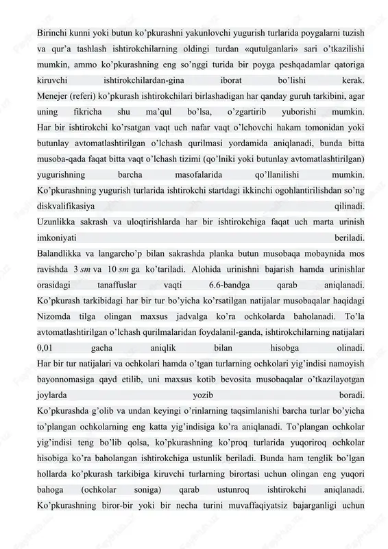 n keyingi o’rinlarning taqsimlanishi barcha turlar bo’yicha to’plangan ochkolarning eng katta yig’indisiga ko’ra aniqlanadi. to’plangan ochkolar yig’indisi teng bo’lib qolsa, ko’pkurashning ko’proq turlarida yuqoriroq ochkolar hisobiga ko’ra baholangan ishtirokchiga ustunlik beriladi. bunda ham tenglik bo’lgan hollarda ko’pkurash tarkibiga kiruvchi turlarning birortasi uchun olingan eng yuqori bahoga (ochkolar soniga) qarab ustunroq ishtirokchi aniqlanadi. ko’pkurashning biror-bir yoki bir necha turini muvaffaqiyatsiz bajarganligi uchun ishtirokchi 0 ochko oladi, ammo musobaqalardan chiqarib yuborilmaydi va ularni oxirigacha davom ettirishi mumkin. ko’pkurashning biror-bir turi bo’yicha musoba-qalarda uzrli sababsiz qatnashmagan, masalan, startga kelma-gan sportchi shu ko’pkurash musobaqalaridan chiqarib yubori-ladi. musobaqalarni tugatishga qaror qilgan ishtirokchi bu haqda darhol katta hakamga (referiga) xabar bermog’i lozim. ko’pkurash musobaqalarining ishtirokchisi yengil atletikaning boshqa turlari uchun ham talabnoma bergan bo’lsa, u holda mazkur turlarda ko’rsatilgan natijalar ko’pkurash hisobiga o’tishi va, aksincha, ko’pkurash dasturi bo’yicha ko’rsatilgan natijalar yengil atletikaning ayrim turlari musobaqalari o’tkazilayotganda hisobga olinishi mumkin emas. ko’pkurashlarda musobaqa kunlarini ko’paytirish yoki kamaytirish …