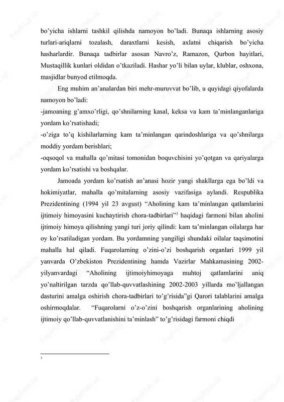 mo’ljallangan dasturini amalga oshirish chora-tadbirlari to’g’risida”gi qarori talablarini amalga oshirmoqdalar. “fuqarolarni o’z-o’zini boshqarish organlarining aholining ijtimoiy qo’llab-quvvatlanishini ta’minlash” to’g’risidagi farmoni chiqdi [3: ] xozirgi kunda mahalla jamiyatda etnomadaniy qadriyatlarni tiklash jarayonida muhim rol o’ynamoqda. nikoh, janoza, aqiqa to’yi, sunnat to’yi, muchal to’yi kabi marosimlar ham o’tkazilmoqda. bozor munosabatlarini shakllantirishning murakkab holatida mahallaning ijtimoiylashtiruv roli oshib ketadi. bu avvalambor oila qadriyatlarini saqlab qolishda namoyon bo’ladi. nizoli holatlar paydo bo’lganda xotin-qizlar qo’mitasi yoki mahalla oila vakillari bilan suhbat o’tkazadi va odatda vaziyatga oydinlik kiritadi va ajralishlar bo’lishiga olib keladi. bundan tashqari mahalla ishsizlarga ishga joylashishlariga, militsiya hodimlariga tartibni saqlashda yordam beradi, xizmatga chaqirilganlar bilan tushuntirish ishlari olib boradi. avvalgiday jamoa o’sib kelayotgan avlodni tarbiyalashda muhim o’rin tutmoqda. hozirda mahalla bolalar bog’chalari va maktablari bilan yaqin hamkorlik olib borib, ularga ta’mirlash ishlarini olib borishda, tarbiya ishlarida yordam ko’rsatadi. mahalla qo’mitasi majlislarida maktab intizomining jiddiy buzilishlari ham ko’rib chiqiladi. yoshlarga ta’sir ko’rsatishning bu rasmiy …