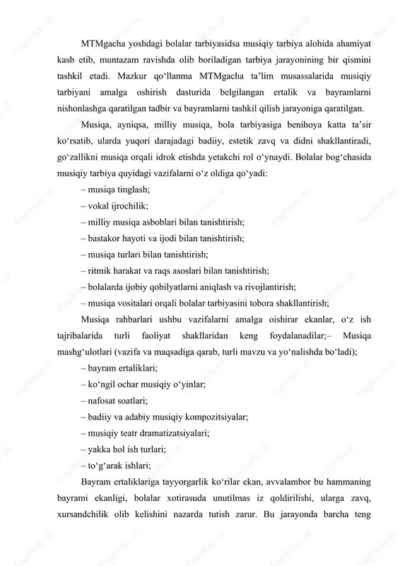 , musiqa madaniyati darslarining barcha faoliyatlari jarayonida, musiqani tinglab, uni idrok etadi. ammo musiqa darslarining musiqa tinglash qismi oldida, o‘ziga xos jiddiy vazifalar turadi. avvalo, shuni eslatish lozimki, insonda kuylash imkoniyatlariga ko‘ra, tinglash imkoniyatlari ancha keng bo‘ladi. masalan: milliy cholg‘u asboblar ansambli, orkestr, xor, yakka cholg‘u, cholg‘u ijrosidagi asarlarni kuylab emas, balki faqat tinglab idrok etish mumkin. shuning uchun ham musiqa tinglash jarayonida tarbiyalanuvchilarning badiiy idroki yaxshi rivojlanib boradi. musiqa madaniyati mashg‘ulotlarida musiqa tinglash uchun quyidagi talablarga ko‘ra asarlarni tanlash tavsiya etiladi: · -tarbiyalanuvchilarning idrokiga mos xalq, mumtoz va zamonaviy musiqiy asarlarni tinglash. · tarbiyalanuvchlarning musiqani idrok etish va musiqiy asarda tasvir etilgan badiiylikni his qilish qobiliyatlarini rivojlantirish. - musiqa haqida boshlang‘ich ma’lumotlar berish, tinglangan asarlar nomlarini eslash, ularning mazmuni, xarakteri va ifoda vositalarining farqini bilish hamda tinglangan asarga ma’lum darajada baho bera olish. - musiqiy asarlarni ishtiyoq bilan tinglash va eslash, olgan ta’surotlar haqida o‘ylash va fikr bildirish. - …