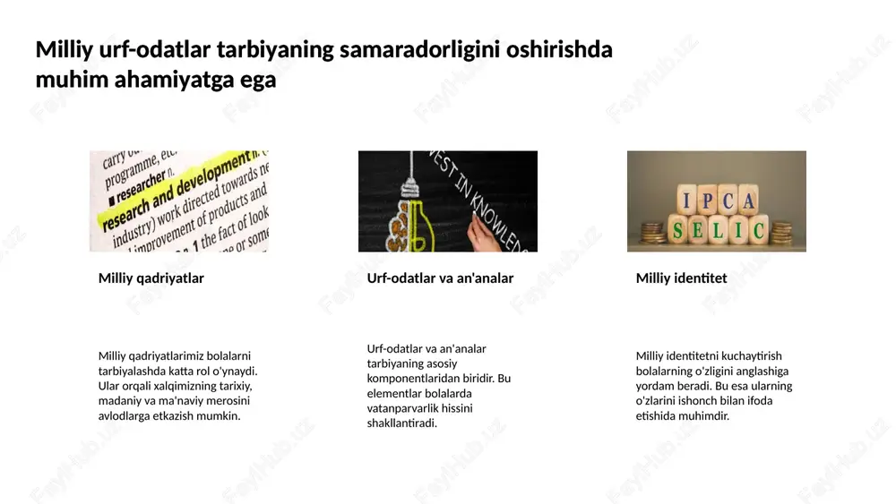 natijalar beradi maqsadni belgilash an'anaviy usullar ta'lim jarayonida maqsadlarni aniq belgilab, o'quvchilarning e'tiborini to'plashda muhim o'rin tutadi tarbiya jarayonida an'anaviy usullarni qo'llash samarali natijalar beradi madaniy meros an'anaviy usullar orqali o'quvchilar milliy va madaniy meros bilan tanishadilar va bu ularning shaxsiy rivojlanishiga yordam beradi 9 milliy urf-odatlar tarbiyaning ahamiyatini yanada oshiradi milliy qadriyatlar milliy urf-odatlar bizning madaniy va ma'naviy merosimizni tashkil etadi. ular o'z navbatida ta'lim jarayonida o'quvchilarning shaxsiyatini shakllantirishda muhim ahamiyatga ega. milliy urf-odatlar tarbiyaning ahamiyatini yanada oshiradi oila va jamiyat oila va jamiyatda milliy urf-odatlar ta'limning asosiy tayanchidir. bunday qadriyatlar orqali yurtimiz kelajagi uchun mas'uliyat hissi shakllanadi. milliy urf-odatlar tarbiyaning ahamiyatini yanada oshiradi tarbiya jarayoni milliy urf-odatlar har bir tarbiyaviy jarayonda muhim rol o'ynaydi. ular o'quvchilarning axloqiy jihatlarini yuksaltirishga yordam beradi. milliy urf-odatlar tarbiyaning ahamiyatini yanada oshiradi 10 urf-odatlar tarbiyaning ijtimoiy jihatlarini kuchaytiradi va jamiyatni birlashtiradi urf-odatlar ahamiyati urf-odatlar jamiyatdagi tarbiyani mustahkamlovchi muhim omillardir tarbiyada xalq an'analari va …