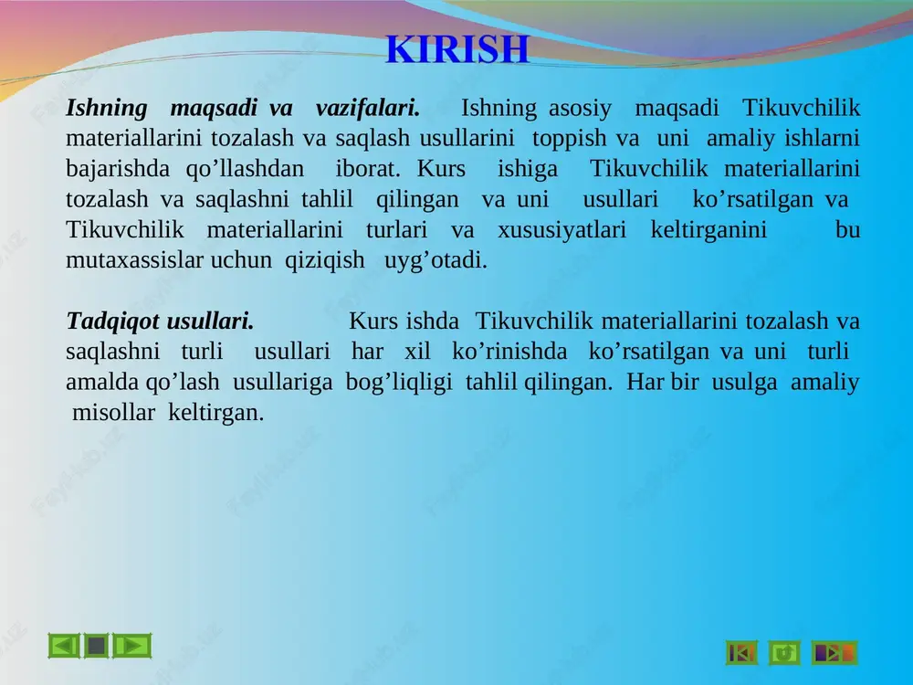 an tasniflanadi: davlat standartlari va narxlar majmuasi bo'yicha. gazlamalarning davlat standartlari bo'yicha tasnifming asosiy belgisi qilib ularni ishlatilish maqsadi va tola tarkibi nazarda tutilgan. 4.3-78 raqamli davlat standartida paxta tolali gazlamalar ishlatilish maqsadiga ko'ra quyidagilarga bo'linadi: 1-ichki kiyimlar uchun m o'ljallangan gazlamalar. 2- choyshab uchun m o'ljallangan gazlamalar. 3-dasturxon va salfetkalar uchun m o'ljallangan gazlamalar. 4 - sochiq va ro'm ollar uchun mo'ljallangan gazlamalar. 5 - ko'ylakbop gazlamalar. 6 - kostyumbop gazlamalar. 7 - paltobop gazlamalar. 8 - astarbop gazlamalar. 9 - qat uchun ishlatiluvchi gazlamalar. 10 - javonsozlikda ishlatiladigan gazlamalar. 11 - ko 'rpa-to'shaklar uchun ishlatiladigan gazlamalar va shuningdek ziqir tolali gazlamalar. yuqorida keltirilgan guruhlaming ayrimlari o 'z navbatida guruhchalarga bo'linadi. masalan, paxta tolali kostyumbop tikuvchilik materiallilar guruhi kostyumlar, shimlar, yubkalar va sport kiyim larini tikish uchun mo'ljallan gan tikuvchilik materiallilar guruhchalaridan iborat. ipak tolali tukli tikuvchilik materiallilar guruhi ko'ylakbop duxoba, poyabzalbop duxoba, kiyimbop baxmal va o'yinchoqlar uchun mo'ljallangan …