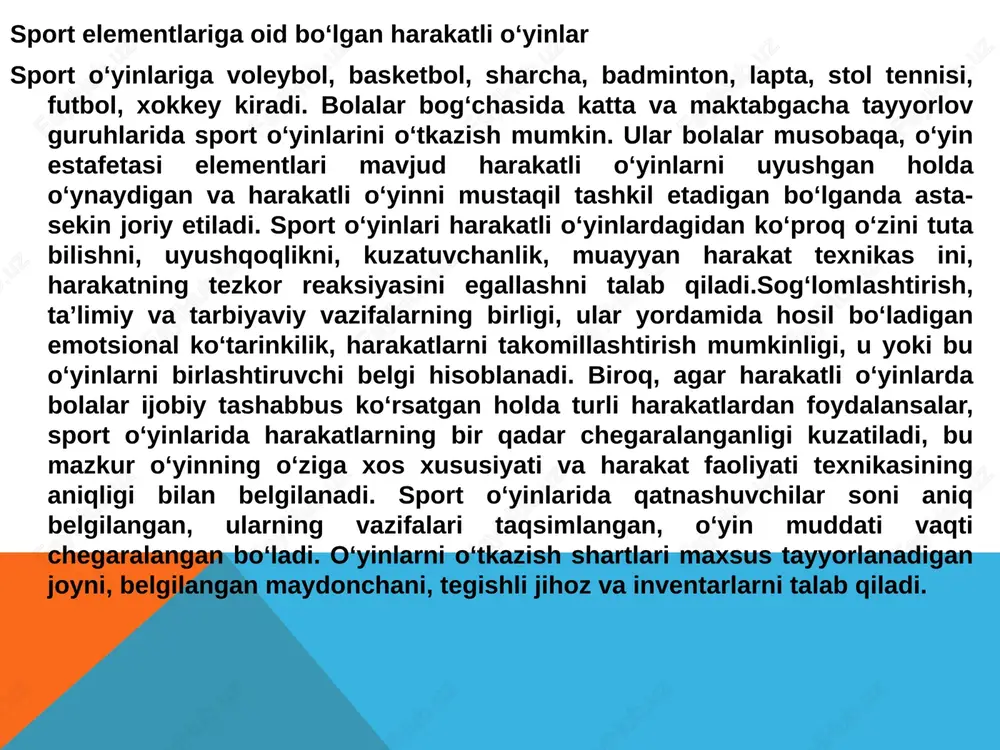 ichiga oladi, uygunlashtiriladi. turli harakat mahoratini mustaxkamlashga va tabiiy sharoitda jismoniy sifatlarning rivojlanishiga xizmat qiladi. maktab yoshidagi bolalar bilan yakin atrofga va har xil yo’sinda yayov. velosiped va boshqa transportlarda shahar tashqarisiga sayrlar uyushtiriladi. yo’lda va to’xtash joylarida turli xil jismoniy mashqlar uyushtirilishi mumkin, masalan, to’nka ustidan sakrash, ariqdan sakrab o’tish, tizimcha bilan sakrash, to’p bilan o’ynash va boshqa o’yinlar ochiq havoda jismoniy mashqlar o’tkazish bolalarni sog’lomlashtirishda yaxshi natija beradi. stol ustida o‘tkaziladigan o‘yinlar qarmoqcha. stol ustida mayda o‘yinchoqlar yoyilgan, ular (plastmassa qutilar, sharchalar, finjonlar va h.k.) ilmoqli bo‘lishi kerak. o‘yinchilar navbatma-navbat qarmoqchani olib (katta bo‘lmagan tayoqcha qarmog‘i bilan) yoyilgan buyumlarni ilib olishga harakat qilishadi. buyum o‘yinchoqlarni qo‘zg‘atib yuborsa, qoida buzilib, u qarmoqchani boshqa o‘yinchiga uzatadi. o‘yinda kimki ko‘proq buyumlar yig‘sa, o‘sha g‘olib hisoblanadi. nishonlar. devorga ikkita 1,5 m diametrli doira nishonlar chiziladi. qatnashuvchilar (qishda qor to‘p bilan, boshqa fasllarda to‘ldirma to‘plar bilan) belgilangan masofadan nishonlarga qarab otadilar. bolalarni yoshiga …