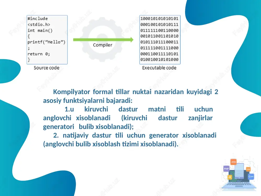 ʼxshab ketadi, bu koʼpchilikka dasturlarni tez yozishga yordam beradi. genteeni boshqa tillarda ishlatish uchun (masalan delphi, c\c++) ulash kerak. *. ge, *. gw ulagandan soʼng uni va *. gwe fayllarini u tillarga gentee dll faylini funnksiyalarini chaqirib *. g, ochishingiz mumkin. fortran [ing . for (mula) tran (slation) — formulalar degan maʼnoni anglatadi] — ehm (kompyuter) yordamida ilmiy-texnikaviy masalalarni yechish algoritmini bayon qilish uchun qoʼllaniladigan programmalash tili. u 1957 yilda aqshda ishlab chiqilgan. fortranning asosan 2 xil turi mavjud: basic fortran va basic fortran fv. obektga yoʼnaltirilgan tillar obektga yoʼnaltirilgan tillar - class(sinf) tushunchasi bilan bogʼliq boʼlgan dasturlash usulidir. ushbu tillarda dastur protsedurasiga emas balki dasturlash mobaynida obʼektga diqqatni qaratish yoʼlida ishlab chiqilgan. obʼekt biz atrofimizda koʼrgan har qanday narsa boʼlishi mumkin. obektga yoʼnaltirilgan tillarga quydagilar kiradi: pascal, delphi. c# dasturlash tili, java, c++, visual basic, actionscript, python, ruby va boshqalar. pascal tili – xvii asrda yashagan va dunyoda birinchi …