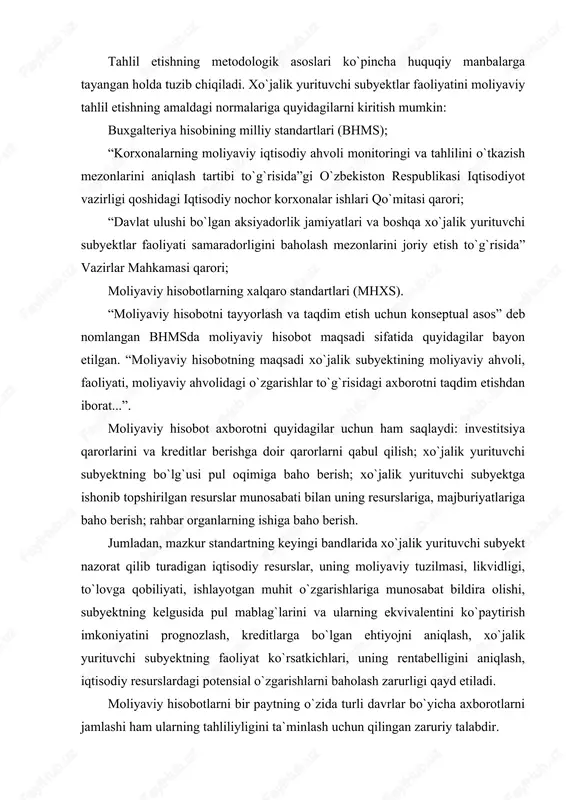 gi bandlarida xo`jalik yurituvchi subyekt nazorat qilib turadigan iqtisodiy resurslar, uning moliyaviy tuzilmasi, likvidligi, to`lovga qobiliyati, ishlayotgan muhit o`zgarishlariga munosabat bildira olishi, subyektning kelgusida pul mablag`larini va ularning ekvivalentini ko`paytirish imkoniyatini prognozlash, kreditlarga bo`lgan ehtiyojni aniqlash, xo`jalik yurituvchi subyektning faoliyat ko`rsatkichlari, uning rentabelligini aniqlash, iqtisodiy resurslardagi potensial o`zgarishlarni baholash zarurligi qayd etiladi. moliyaviy hisobotlarni bir paytning o`zida turli davrlar bo`yicha axborotlarni jamlashi ham ularning tahliliyligini ta`minlash uchun qilingan zaruriy talabdir. o`zbekiston respublikasi iqtisodiyot vazirligi huzuridagi iqtisodiy nochor korxonalar ishlari qo`mitasining “korxonalarning moliyaviy iqtisodiy ahvoli monitoringi va tahlilini o`tkazish mezonlarini aniqlash tartibi to`g`risidagi qarori”ga muvofiq xo`jalik yurituvchi subyektlarning iqtisodiy nochorligini baholashda quyidagi ko`rsatkichlar tizimini o`rganish tavsiya etiladi: to`lov layoqati yoki qoplash koeffitsiyenti; o`z aylanma mablag`lari bilan ta`minlanish koeffitsiyenti; korxona aktivlari va xarajatlari rentabelligi. yakuniy xulosani chiqarish yuzasidan quyidagi qo`shimcha ko`rsatkichlar o`rganiladi: o`z mablag`lari va qisqa muddatli qarz mablag`lari nisbati koeffitsiyenti; ishlab chiqarish quvvatlaridan foydalanish koeffitsiyenti; asosiy vositalarning eskirish koeffitsiyenti. o`zbekiston respublikasi …