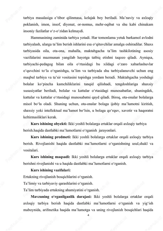 vojlanishiga ta’sirini tahlil qilish. ertaklar orqali axloqiy qadriyatlarni shakllantirish va o‘zlashtirish jarayonining ilmiy asoslarini yoritish. kurs ishining farazlari: 1. ikki yoshli bolalar ertaklar orqali axloqiy qadriyatlarni yaxshiroq o‘zlashtiradi. 1. ertaklar bolalarning axloqiy me’yorlarni tushunishiga va o‘zini tutish qoidalariga rioya qilishiga yordam beradi. 1. axloqiy tarbiya jarayonida ertaklardan foydalanish ijtimoiy moslashuv va hissiy barqarorlikka ijobiy ta’sir ko‘rsatadi. kurs ishining metodlari: · kuzatish – ikki yoshli bolalarning ertaklarni tinglash va qabul qilish jarayonini o‘rganish. · suhbat – bolalar va pedagoglar bilan o‘tkazilgan suhbatlar orqali axloqiy tarbiyaning samaradorligini aniqlash. kurs ishining nazariy ahamiyati: bolalarning axloqiy tarbiyasida ertaklarning o‘rnini chuqur o‘rganish va ushbu yondashuvning nazariy asoslarini aniqlash. ertaklar orqali axloqiy tarbiya berishning pedagogik jihatlarini ochib berish. kurs ishining amaliy natijalari: · ikki yoshli bolalar uchun ertaklar asosida axloqiy tarbiya metodikasini taklif qilish. · pedagog va tarbiyachilar uchun ertaklar orqali axloqiy tarbiya berish bo‘yicha tavsiyalar ishlab chiqish. · ertaklar orqali bolaning hissiy, ijtimoiy va axloqiy …