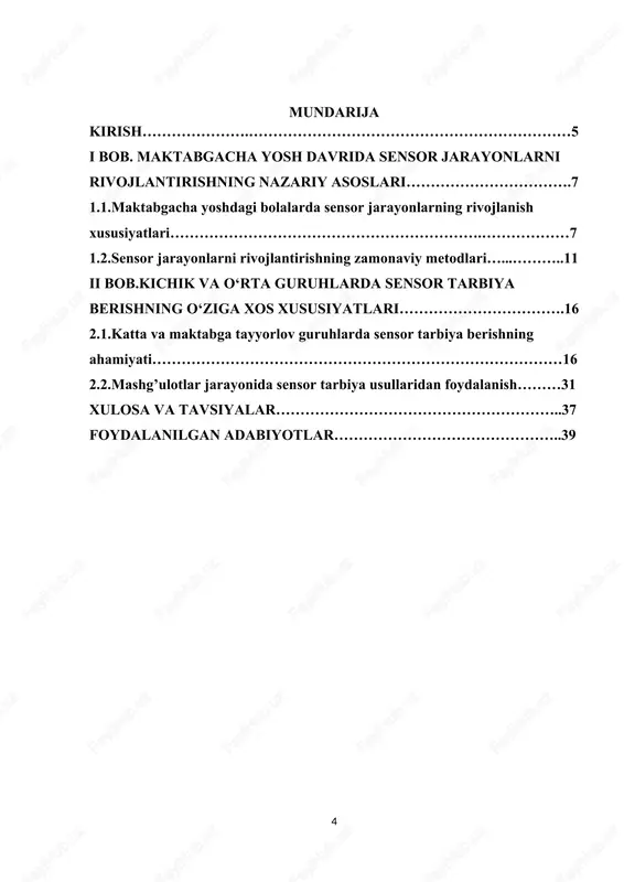amaliy jihatlarini o'rganish va ularni rivojlantirish bo'yicha uslubiy tavsiyalar ishlab chiqish. tadqiqot ishining vazifalari 1. sensor jarayonlar nazariyasini o'rganish. 2. maktabgacha yoshdagi bolalar sensor jarayonlari rivojlanishining xususiyatlarini aniqlash. 3. bolalarning sensor ko'nikmalarini rivojlantirish usullari va metodlarini aniqlash. 4. sensor jarayonlarni rivojlantirish bo'yicha amaliy tavsiyalar ishlab chiqish. tadqiqot ishining obyekti maktabgacha yoshdagi bolalar (3-7 yosh) sensor jarayonlarini rivojlantirish. tadqiqot ishining predmeti bolalarda sezgi organlari (ko'rish, eshitish, hidlash, tatib ko'rish, teginish) va ularning rivojlanishi hamda ishlashi jarayonlari. tadqiqot ishining tuzilishi:kurs ishi kirish qismi, boblar, xulosa, adabiyotlar ro‘yxatidan iborat. i bob. maktabgacha yosh davrida sensor jarayonlarni rivojlantirishning nazariy asoslari 1.1.maktabgacha yoshdagi bolalarda sensor jarayonlarning rivojlanish xususiyatlari maktabgacha tarbiya pedagogikasining butun rivojlanish tarixi davomida sensor tarbiya bolalarni tarbiyalashga doir muammolar qatorida asosiy o’rin olib kelgan. sensorli tarbiya bola shaxsini har tomonlama rivojlantirishning ajralmas qicmidir. voyaga yetgan odam bolaga bizning dunyomizni qanchalik yorqinroq va rang-barangroq ko’rsatsa, bolaning borliq haqiqatni anglashi shunchalik boy va ravshan bo’ladi. …
