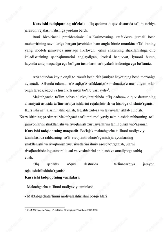 n tashkil topgan. i. bob rahbarlarning boshqa muassasalar bilan bo‘lgan hamkorligi 1.1 maktabgacha ta’limni moliyaviy ta’minlash respubliqa xalq xo‘jaligi rejasi asosida maktabgacha tarbiya muassasalarini loyixalashtirish, rejalash belgilanadi. maktabgacha tarbiya muassasasi mustaqil ravishda iqtisodiy va sosial rivojlanish rejasini ishlab chiqadi. maktabgacha ta’lim muassasasi yunalishi bo‘yincha faoliyat natijalariga e`tiyojini aks ettiruvchi va bolalarning o‘rtacha yillik sonini aniklash uchun asos bulib xizmat qilinadigan nazorat raqamlari ko‘rsatkichlari, byudjet va tarmok moliya normativlari orqali muassasani tutib to‘rish va rivojlantirish ajratilgan byudjet va tarmoq mablag‘lari maktabgacha tarbiya muassasalari byudjet hisobiga (boshqa manbalar) yoki shu bilan ta’minlashning tarmoq manbalari hisobiga tushirilishining davlar buyo‘rtmasi. pul bilan ta’minlashning byudjetga tarmoq normativi; ish xaqi jamg‘armasi normativi daromadlarini taqsimlashning birichi usulidir; ishlab chiqarish va sotsial rivojlanish jamg‘armasi normativi; valyuta ajratmalari jamg‘armasi normativi. maktabgacha ta’lim muassasasi reja, moliya, mexnat, intizomiga va pedagogik mexnat intizomiga qat`iy roiya qilishga majbo‘rdir. rejalashtirish. respubliqa xalq ta’limi vazirligi o‘zbekiston respublikasi iqtisod instituti, moliya, vazirligi, sog‘likni saqlash vazirligi, …