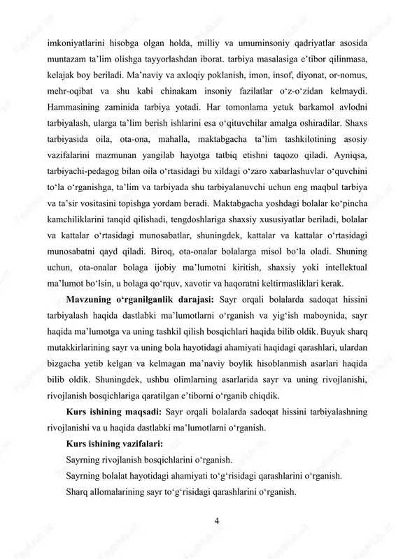 zatish, suhbat. kurs ishining tuzilishi: kurs ishi kirish qismi, 4 ta reja , xulosa va tavsiyalar, adabiyotlar ro‘yxati, ilovalar,jami 39 betdan iborat. asosiy qism 1.1. maktabgacha ta’lim tashkilotlarida faoliyatni tashkil qilish. maktabgacha ta’lim tashkilotlarida faoliyatni samarali tashkil qilish bolalarning rivojlanishi va tarbiyasiga katta ta’sir ko‘rsatadi. maktabgacha ta’limning asosiy maqsadi bolalarning ijtimoiy, emotsional, intellektual va jismoniy rivojlanishiga yordam berishdir. ushbu maqsadga erishish uchun ta’lim tashkilotlarida quyidagi faoliyatlarni samarali tashkil qilish zarur: 1. ta’lim jarayonini rejalashtirish maktabgacha ta’lim tashkilotlarida ta’lim jarayonini rejalashtirishda o‘qituvchilar bolalarning individual xususiyatlarini, yoshiga mos keladigan faoliyatlar va metodlarni hisobga olishlari lozim. rejalashtirishda quyidagi jihatlar e’tiborga olinadi: yoshga mos dastur va o‘quv rejalari: bolalar uchun mos bo‘lgan o‘quv dasturlari ishlab chiqilishi kerak. bu dasturlar o‘quvchilarning ijtimoiy va intellektual rivojlanishini ta’minlashi lozim. ma’naviy-axloqiy tarbiya: bolalarni ma’naviy-axloqiy tarbiya bilan ta’minlash, ularda ijtimoiy javobgarlik, o‘zaro hurmat va mas’uliyat hissini shakllantirish muhimdir. 2. faoliyat shakllarini tanlash maktabgacha ta’lim tashkilotlarida faoliyat shakllari talabalarning qiziqishlariga …