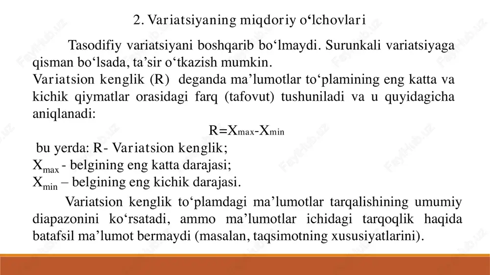 otlar to‗plamidagi qiymatlarning o‗rtacha qiymatdan qancha farq qilishini ko‗rsatuvchi o'lchovdir. dispersiya to‗plamdagi qiymatlarning tarqalishini yoki tarqalish darajasini ifodalaydi. oddiy qilib aytganda, dispersiya to‗plamdagi qiymatlarning o‗rtachadan qancha farq qilishini ko‗rsatadi. n xx 2 2 )(   f fxx    2 2 )(  oddiy qatorlar uchun tortilgan qatorlar uchun 3. dispersiya va o„rtacha kvadratik chetlanish va ularni hisoblash usullari dispersiya turlari birliklarning chetlanishiga ta‟sir qiluvchi omillar uch guruhga bo‟linadi umumiy dispersiya guruhlararo dispersiya guruh ichidagi dispersiya umumiy dispersiya o‘rganilayotgan to‘plamdagi hamma sharoitlarga bog‘liq belgi variatsiyasini xarakterlaydi va quyidagi formula bilan hisoblanadi: f fxx y    2 2 )(  faraz qilaylik, bir do'konda bir xil mahsulotning narxi o‗zgarishi kuzatilmoqda. quyidagi ma‘lumotlar bor: 1-oyda mahsulot narxi: 10 000 so‗m 2-oyda mahsulot narxi: 12 000 so‗m 3-oyda mahsulot narxi: 11 000 so‗m 4-oyda mahsulot narxi: 15 000 so‗m 5-oyda mahsulot narxi: 13 000 so‗m shu narxlar asosida dispersiyani …