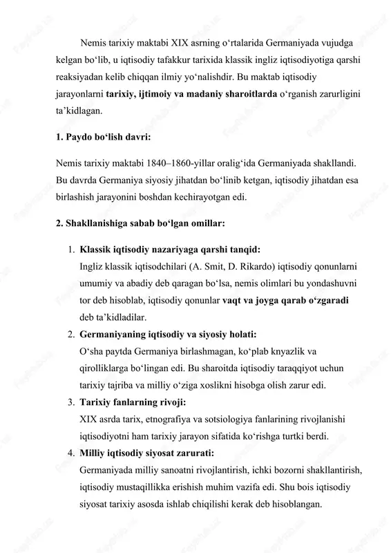 y siyosatni davlat tomonidan boshqarish tarafdori bo‘ldilar. · uchinchi bosqich (xx asr boshlarida): “yosh tarixiy maktab”. asoschilari – vernar zombart, maks veber. ular iqtisodiyotni ijtimoiy fanlar bilan birlashtirishga harakat qilib, “institutsionalizm” va “sotsiologik iqtisodiyot” yo‘nalishlariga asos soldilar. 2. maktab vakillari va ularning asosiy g‘oyalari 1. gustav von schmoller (1838–1917) · asosiy g‘oyalari: · iqtisodiy qonunlar tarixiy sharoitga bog‘liq. · iqtisodiyotni faqat matematik nazariyalar bilan emas, balki tarixiy va ijtimoiy kontekst bilan o‘rganish kerak. · ijtimoiy islohotlar va davlatning iqtisodiyotga aralashuvi muhim. 2. wilhelm roscher (1817–1894) · asosiy g‘oyalari: · iqtisodiy qonunlar tarixiy rivojlanish jarayonida shakllanadi. · qonunlarni aniqlash uchun iqtisodiy tarixni o‘rganish zarur. · iqtisodiy jarayonlar bir-biriga bog‘liq va evolyutsion xarakterga ega. 3. bruno hildebrand (1812–1878) · asosiy g‘oyalari: · iqtisodiyotni tarixiy kontekstda o‘rganish muhim. · iqtisodiy qonunlarni universal va statik qoidalar bilan tushuntirish mumkin emas. · jamiyatning ijtimoiy tuzilishi iqtisodiy rivojlanishga ta’sir qiladi. nemis tarixiy maktabining asosiy xususiyatlari: 1. …