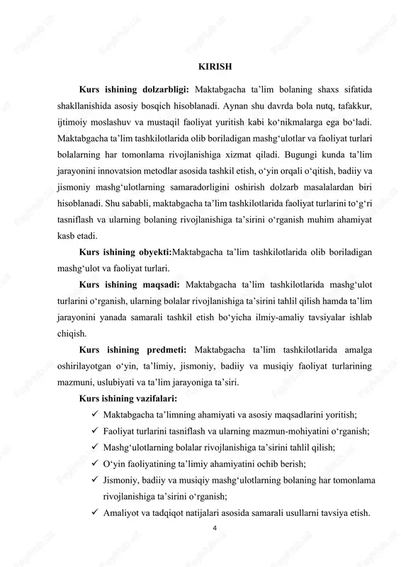 o‘lchamda, 1,5 intervalda yozilgan. umumiy hajmi 45 betdan iborat. i. bob maktabgacha ta’lim tashkilotlarida faoliyat turlari haqida tushuncha 1.1 maktabgacha ta’limning ahamiyati va maqsadi maktabgacha ta’lim bolalarning intellektual, jismoniy, ijtimoiy va ruhiy rivojlanishida muhim bosqich hisoblanadi. aynan shu davrda bola atrof-muhit bilan tanishadi, mustaqil fikrlash va o‘z qobiliyatlarini namoyon etish imkoniyatiga ega bo‘ladi. shuning uchun maktabgacha ta’lim tashkilotlarida olib boriladigan mashg‘ulotlar bolaning har tomonlama kamol topishini qo‘llab-quvvatlashi lozim. maktabgacha ta'limning ahamiyati jamiyatning rivojlanishida katta roli bor. o'quvchilar bu tizim orqali jamiyatdagi o'z vazifalarini tushunish, ijtimoiy muammoni tahlil qilish va yaratuvchi yondashuvga erishishlari mumkin bo'ladi. bu esa ularning jamiyatda faol a'zo bo'lib, jamiyatning rivojlanishidao'z hissalarini o'ynashlari va jamiyatga foyda keltirishlari uchun muhimdir. boshqacha, maktabgacha ta'lim insonlarga hayotda muvaffaqiyatli bo'lish uchun zarur bo'lgan shaxsiy rivojlanishlarini ta'minlashda ham muhim ahamiyatga ega. o'quvchilar shaxsiy rivojlanishlari orqali o'zlarini tanidilar va o'zlarini kuchli va samarali insonlar sifatida ko'rsatishlari mumkin bo'ladi. bu esa ularning o'zlarini va jamiyatni …