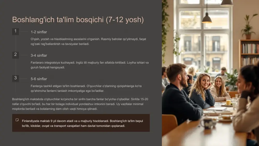 alohida o'rin egallaydi. universitetlarda o'qituvchi va talaba o'rtasidagi munosabatlar do'stona va ochiq bo'lib, bu muhitda ijodkorlik va tanqidiy fikrlash rivojlanadi. https://gamma.app/?utm_source=made-with-gamma finlandiyada baholash sistemining o'ziga xos xususiyatlari minimal test sinovi 9 yoshgacha rasmiy testlar yo'q. pisa testi ham faqat tasodifiy tanlab olingan maktablarda o'tkaziladi, bu stressni kamaytiradi. formativ baholash baholar o'rniga konstruktiv fikr-mulohazalar beriladi. o'qituvchilar o'quvchining kuchli va zaif tomonlarini aniqlab, rivojlanish yo'llarini ko'rsatadi. individual rivojlanish har bir o'quvchining shaxsiy rivojlanishi boshqalar bilan emas, o'zi bilan taqqoslanadi. bu raqobat stressini yo'qotadi. portfolio baholash o'quvchining barcha ishlari yig'ilib, uning rivojlanish jarayoni kuzatiladi. bu ularning o'z rivojlanishi haqida ongini oshiradi. finlandiya tizimida "muvaffaqiyatsizlik" tushunchasi yo'q. har bir o'quvchi o'z tezligida rivojlanadi va qiyinchilikka duch kelganda qo'shimcha yordam oladi. bu yondashuv natijasida bolalar ta'limga bo'lgan muhabbatini yo'qotmaydilar va o'rganishga doimiy motivatsiyaga ega bo'ladilar. stresssiz muhit kreativlik va tanqidiy fikrlash rivojlanishiga imkon beradi. https://gamma.app/?utm_source=made-with-gamma o'qituvchilarning tayyorgarlik darajasi va malaka oshirish 1 phd 2 master …