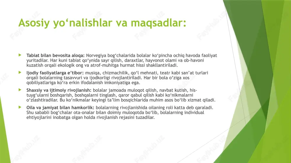 niga ega.  bu institutlar davlat va xususiy sektorga xizmat qiladi (energetika, texnologiya, ijtimoiy fanlar va boshqalar).  asosiy tamoyillar  umrbod ta’lim (lifelong learning) – norvegiyada odamlar istalgan yoshda o‘qishni davom ettirishi mumkin.  moliyaviy qo‘llab-quvvatlash – davlat lånekassen orqali nafaqat bakalavr va magistrlarga, balki qo‘shimcha ta’lim olish istagidagilarga ham grant/kredit beradi. umumiy xulosa norvegiyada ta’lim tizimi  norvegiya ta’lim tizimi umr bo‘yi o‘qish tamoyiliga asoslangan va barcha bosqichlar davlat tomonidan moliyalashtiriladi.  🔑 asosiy tamoyillar:  barcha fuqarolar uchun teng huquq.  ta’limning barcha bosqichlari bepul (ozgina badal bundan mustasno).  inklyuzivlik va adolat – millat, til, jins yoki ijtimoiy kelib chiqishidan qat’i nazar, har bir kishi sifatli ta’lim olish imkoniga ega.  umr bo‘yi o‘qish – odamlar istalgan yoshda bilim olishni davom ettirishi mumkin. e’tiboringiz uchun rahmat ! norvegiya ta’lim tizimi reja norvegiyada maktabgacha ta’lim tizimi; asosiy yo‘nalishlar va maqsadlar: kunlik faoliyat tuzilishi: metodik yondashuvlar: majburiy ta’lim …