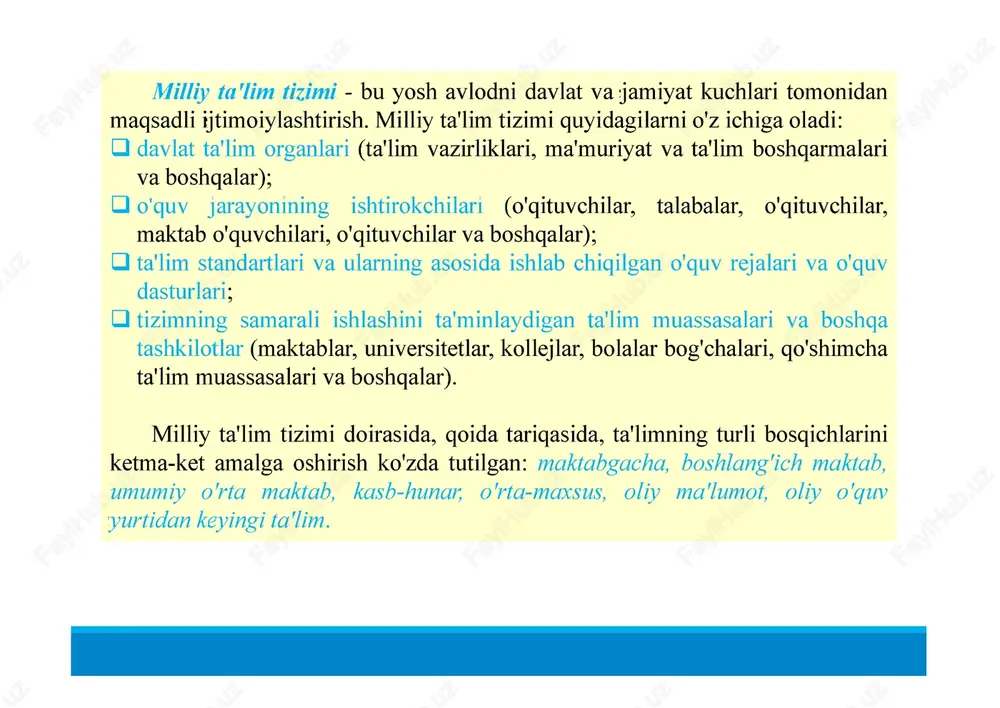 uv - jamiyatning umumiy madaniy rivojlanishi asosida ta'lim jarayonida yuz beradigan o'zgarishlar, yuksalishlarni kuzatish imkoniyatini beradi. etnopsixologik yondashuv - xalqlarning milliy xususiyatlari asosida milliy qadriyatlari, urf-odatlari, an'analarining yosh avlod ta'lim-tarbiyasiga ta'sirini o'rganishga yo'naltirilgan bo'ladi. har bir xalq, millatning o'zigagina xos madaniy- ma'naviy boyligi, mentaliteti ta'limning rivojlanishini belgilovchi asosiy omillardan biri hisoblanadi. integratsiyalashgan yondashuv - zamonaviy ta'limning eng muhim tarkibiy qismlarini aniqlash va tahlil qilish uchun muhimdir (masalan: ta'limning mazmuni, o'qitish usullari, ta'limni tashkil etish shakllari, ta'limning ahamiyati, ta'limning asosiy bosqichlari yoki darajalari va boshqalar). 4.aqshda ta'lim tizimi r qo'shma shtatlardagi ta'lim tizimi markazlashtirilmagan; butun mamlakat uchun yagona o'quv dasturlari yoki standartlari mavjud emas. ta'lim masalalari aqsh konstitutsiyasida yoritilmagan; aqshda oliy ta'lim muassasalarini akkreditatsiya qilish va abituriyentlar uchun test tizimlarini ishlab chiqish xususiy tashkilotlar tomonidan amalga oshiriladi. 1980 yildan beri qo'shma shtatlarda ta'lim departamenti (bu aqsh hukumatidagi eng yosh vazirliklardan biri, besh mingga yaqin xodim) mavjud bo'lib, uning vazifalari: ta'lim to'g'risidagi …