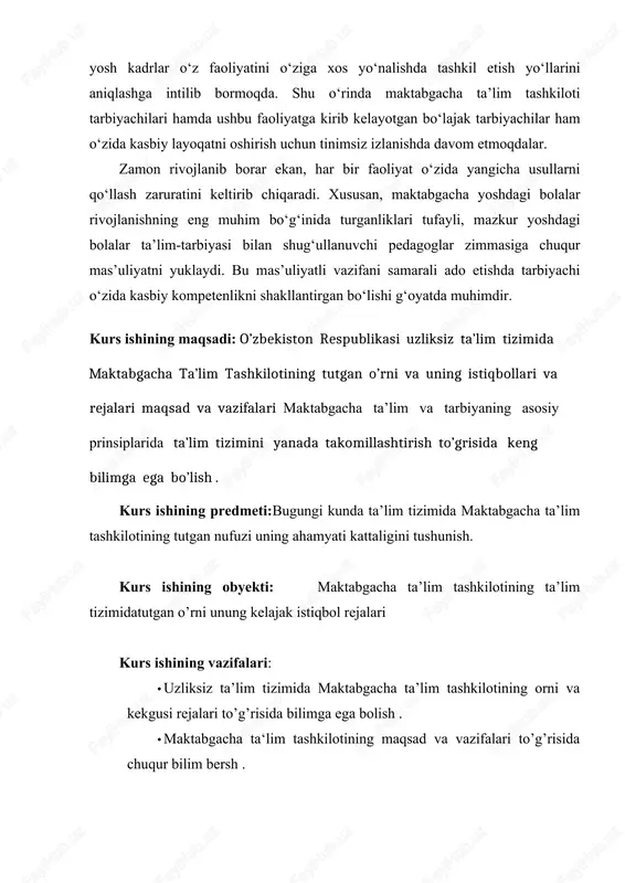 avlat va nodavlat maktabgacha tarbiya tashkilotlarida amalga oshiriladi. mutaxassislar inson o’z umri davomida oladigan barcha bilimlarning 70 foizini 5 yoshgacha bo’lgan davrda olishini ta’kidlashadi. endi shu o’rinda kelajak avlodga ta’lim-tarbiya berishda maktabgacha ta’lim tashkilotlarining o’rni va ahamiyatini tasavvur qiling. keyingi yillarda maktabgacha ta’lim tashkilotlarining faoliyat samaradorligini oshirish va moddiy-texnika bazasini mustahkamlashga yo’naltirilgan qator tizimli ishlar amalga oshirilmoqda. i. shu bilan birga, bugungi kunda maktabgacha ta’lim tashkilotlarining ta’lim dasturlari va o’quv-tarbiyaviy rejalariga qo’yilgan davlat talablarini takomillashtirish dolzarb masalaligicha qolmoqda. aksariyat maktabgacha ta’lim tashkilotlarining moddiy-texnika bazasi zamon talablariga javob bermaydi. bolalarni maktabgacha ta’limga qamrab olish ko’rsatkichi hamon pastligicha qolmoqda. shu munosabat bilan muhtaram prizdentimiz maktabgacha ta’lim tizimini yanada takomillashtirish chora-tadbirlari to’g’risidagi qarori maktabgacha ta’lim tizimini tubdan isloh qilish, uni zamon talablari darajasida qayta tashkil etish hamda bolalarning har tomonlama rivojlanishi uchun zarur shart- sharoitlaryaratishimkoniniberadi. i. maktabgacha ta’lim bolalarga ta’lim va tarbiya berishga, ularni intellektual, ma’naviy-axloqiy,etik, estetik va jismoniy jihatdan rivojlantirishga, shuningdek bolalarni …