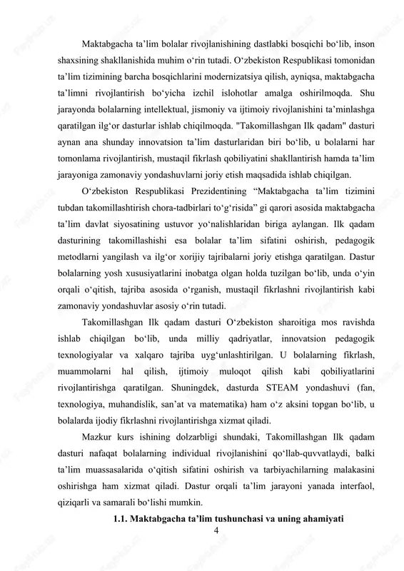sh, xotira, e’tibor va nutq qobiliyatlarini shakllantirishga xizmat qiladi. bu davrda bola atrof-muhitni anglash, yangi bilimlarni o‘zlashtirish, so‘z boyligini oshirish hamda matematik tasavvurlarni shakllantirish imkoniyatiga ega bo‘ladi. bola har xil o‘yinlar, mashg‘ulotlar, vizual vositalar va didaktik materiallar orqali o‘rganish jarayoniga jalb etiladi. maktabgacha ta’lim bolaning jamoada o‘zini tutish qoidalarini o‘rganishiga, muloqot qilish va jamiyatga moslashishiga yordam beradi. bolalar birgalikda ishlash, muloqot qilish, muammolarni hal qilish, hamdardlik qilish kabi ijtimoiy ko‘nikmalarni egallashadi. bu esa ularning kelajakdagi jamiyatga tez moslashishiga ijobiy ta’sir ko‘rsatadi. maktabgacha yoshdagi bolalar uchun jismoniy tarbiya juda muhim hisoblanadi. harakatli o‘yinlar, gimnastika mashqlari, sport elementlari bolalarning muskullari rivojlanishiga, muvozanat saqlash qobiliyatiga va harakat faolligining ortishiga yordam beradi. shuningdek, sog‘lom turmush tarzi tushunchalarini o‘rgatish orqali ularning kelajakdagi salomatligi mustahkamlanadi. 6 maktabgacha ta’lim bolaning mustaqil qaror qabul qilish qobiliyatini rivojlantiradi. rivojlantiruvchi o‘yinlar, qo‘l mehnati, rasm chizish, haykaltaroshlik, qo‘g‘irchoq teatri kabi mashg‘ulotlar bolalarning tasavvur doirasini kengaytiradi, ijodiy tafakkurini rivojlantiradi va muammolarni hal …
