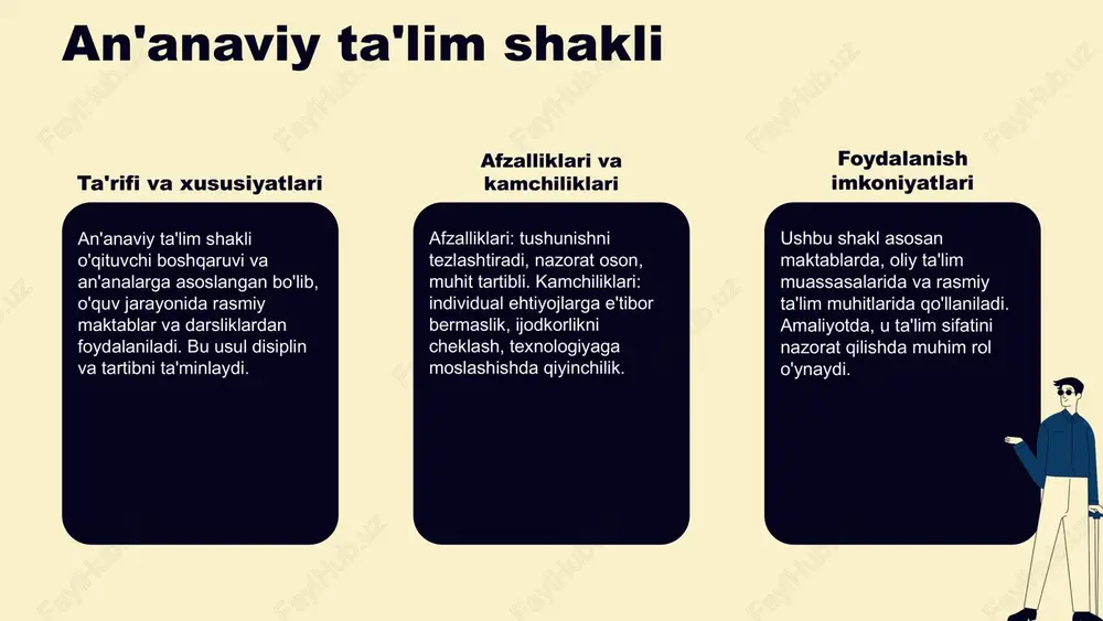 i_slide_maker&utm_medium=referral https://unsplash.com/photos/a-young-boy-laying-on-the-floor-with-a-book-and-pencils-r6iodqrv1z4?utm_source=ai_slide_maker&utm_medium=referral xatolarni oldini olish xatolarni oldini olish uchun aniq maqsadlar belgilash va reja tuzish, shaxsiy ehtiyojlarga moslashtirish, o'qituvchilarning doimiy rivojlanishi, yaxshi muloqot muhim. o'qituvchilar sabrli, etikaga amal qiluvchi va jamoaviy ishlashga tayyor bo'lishi kerak. o'quvchilar faol ishtirok etib, savollar berishi, fikrlarini erkin bildirishlari muhim. kelajakda texnologiyalarni qo'llash va metodologiyalarni takomillashtirish yordam beradi. photo by beyza kaplan on unsplash https://unsplash.com/@kaplanart?utm_source=ai_slide_maker&utm_medium=referral https://unsplash.com/photos/an-old-brick-building-with-a-clock-tower-90apkwchvua?utm_source=ai_slide_maker&utm_medium=referral amaliy misollar orqali ta'lim shakllari amaliy misollar, loyiha asosida o'qitish, guruh muhokamalari, seminarlar va laboratoriya ishlaridan foydalanishni ko'rsatadi. haqiqiy hayot muammolari va mustaqil fikrlash, ijodkorlik va bilimlarni amalda qo'llash, ta'lim samaradorligini oshiradi. texnik va ijtimoiy fanlarda jamoaviy ishlar, muammo hal qilish va ko'nikmalarni rivojlantirish uchun amaliy misollar. ta'lim shakllari an'anaviy sinf darslari yuzma-yuz muloqotga asoslangan bo'lib, o'qituvchi va o'quvchilar o'rtasida bevosita muomala va muhokama muhitini ta'minlaydi. xususiyatlari va afzalliklari onlayn ta'lim platformalari har qanday joydan foydalanish imkonini beradi, kengroq auditoriyaga yetib boradi va individual yondashuv imkoniyatlarini oshiradi. misol 2: …