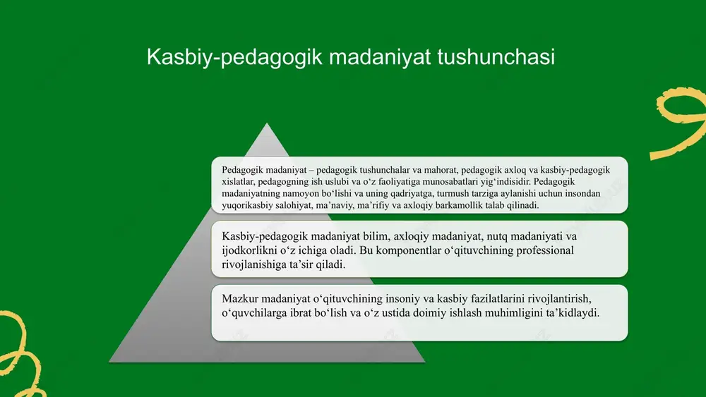 ’lim jarayonida muhim rol o‘ynaydi. aniq, ravon va madaniyatli nutq o‘quvchilarda ishonch va hurmat uyg‘otadi. muloqot uslubi o‘quvchilarga ta’sir qiladi, ularni faol fikrlash va fikr bildirishga undaydi. yaxshi muloqot pedagogning professional imijini mustahkamlaydi. nutq madaniyati o‘qituvchining professional imijini shakllantiradi va ta’lim samaradorligini oshiradi. bu, shuningdek, o‘quvchi va pedagog o‘rtasidagi muvofiqlikni ta’minlaydi. o‘qituvchining nutq madaniyatini rivojlantirish usullari o‘qituvchilar uchun treninglar va seminarlar tashkil etish. nutqni tahlil qilish va takomillashtirish. o‘quvchilar bilan samarali muloqot usullarini o‘rgatish. bu usullar nutq madaniyatini rivojlantirishda muhimdir. o‘qituvchining kiyinish uslubi nafaqat uning tashqi ko‘rinishini, balki o‘quvchilarga bo‘lgan hurmatini ham bildiradi. pedagogning kiyimi: tartibli, toza va mos bo‘lishi kerak. juda yorqin yoki nojo‘ya elementlardan holi bo‘lishi lozim. ayol o‘qituvchilarda nafislik, erkak o‘qituvchilarda esa soddalik va jiddiyat sezilishi kerak. kiyinish madaniyati — bu faqat tashqi ko‘rinish emas, balki ichki madaniyat va o‘zini hurmat qilish belgisidir. bunday o‘qituvchi o‘quvchilarga ibrat bo‘ladi va ularning estetik didini ham shakllantiradi. o‘qituvchining kiyinish madaniyati …