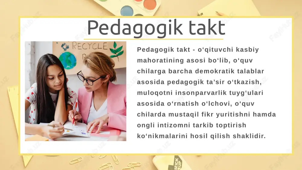 h pedagogik nazokatning quyidagi xususiyatlari hozirgi kunda muvaffaqiyat poydevori hisoblanadi sinf jamoasida ongli intizomni vujudga keltiradi o‘quvchilar bilan haqiqiy muloqot madaniyatiga erishadi o‘qituvchi sinfda yakka (avtoritar) hukmronlikdan, erkin muloqotga o‘tib, demokratik prinsiplar asosida pedagogik faoliyatga kirishish shaklini qo‘llaydi o‘quvchilarni ongli ravishda tartib intizomga muloqot asosida o‘rgatadi psixologlar o‘qituvchilarning dilkashlik xususiyati ikki toifadagi odamlar xarakterida mujassamlashgan deb ta’kidlaydilar: birinchisi, ekstravert shaxslar: ular barcha ishlarda faol, jiddiy va vazmin, osoyishtalikka va tashqi ta’sirchanlikka moyil kishilardir. ikkinchisi, introvert shaxslar: ular faqat o‘z ichki olamiga beriluvchan, atrofidagi odamlarga aralashmaydigan, o‘zini nazorat qilishga, doimo ichki xavotirga moyil kishilardir. o‘qituvchining dilkashligi – uchta tarkibiy qismni birlashtiruvchi jarayondir: muloqotda zaruriyatning mavjudligi kommunikativ ko‘nikma va malakalarga ega bo‘lish. muloqotdan keyin, muloqot paytida, muloqotgacha yaxshi kayfiyat 💡 dars o‘tish uslubi — kasbiy pedagogik madaniyatning ko‘zgusi 1. pedagogik madaniyat – bu faqat xulq yoki axloq emas. ko‘pchilik “madaniyat”ni faqat odob va muomala bilan bog‘laydi. aslida esa, kasbiy pedagogik madaniyat: qanday …