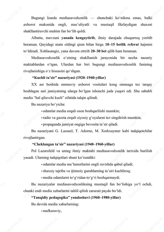  iqtisodiy,  siyosiy,  madaniy mazmunini anglashga o‘rgatish ustuvor yo‘nalish bo‘ldi. kanadadagi media pedagoglar — l. masterman, b. duncan, m. mcluhan mediasavodxonlikni fan sifatida mustahkamladi. unesconing roli 1982-yilda unesco tomonidan parijda o‘tkazilgan “media education” konferensiyasi mediasavodxonlikning dunyo miqyosida tan olinishi uchun muhim bo‘ldi. unesco quyidagilarni joriy qildi:  media ta’limining xalqaro standartlari  “media and information literacy (mil)” konsepsiyasi  xalqaro o‘qituvchilar uchun qo‘llanmalar  global media and information literacy week (har yili) unesconing bu tashabbuslari mediasavodxonlikni pedagogika, sotsiologiya, kommunikatsiya va psixologiya fanlarining birlashgan sohasi sifatida tan olinishiga asos bo‘ldi. xxi asr mediasavodxonlikning qiymatini bir necha barobar oshirdi. sababi:  internetning ommalashuvi  ijtimoiy tarmoqlarning paydo bo‘lishi  smartfonlar hayotga kirib kelishi  feyk axborot va manipulyatsiyalar kuchayishi  raqamli xavfsizlikning dolzarblashuvi natijasida mediasavodxonlik endi nafaqat media matnni tahlil qilish, balki raqamli madaniyatni shakllantirish faniga aylandi. yangi mediasavodxonlik yo‘nalishlari: 1. digital literacy — raqamli savodxonlik 2. information literacy — …