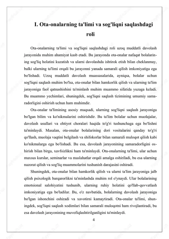 rga, ilmiy tadqiqotlar va tajribalar, ota-onalarn- ing ta'lim darajasini oshirish va ularning ehtiyojlariga mos keladigan metodlarni ishlab chiqishga qaratilgan. bu esa, ularning sog'liqni saqlash jarayonidagi roli va ta'sirini yanada kuchaytirdi. biroq, bu sohada muammolar ham mavjud. resurslarning cheklanganligi, ta'lim materiallarining yetishmasligi, shuningdek, psixologik va ijtimoiy muammo- lar ota-onalarning ta'lim jarayoniga qatnashishini qiyinlashtiradi. masalan, ba'zi ota-onalar uchun ta'lim jarayoniga qatnashish vaqt va imkoniyatlarning cheklan- ganligi bilan bog'liq bo'lishi mumkin. bundan tashqari, ular uchun ta'lim material- lari va ma'lumotlarning murakkabligi ham muammo tug'diradi. bu muammolar, ta'limning samaradorligini pasaytiradi va sog'liqni saqlash xizmatlarining sifatini kamaytiradi. statistik ma'lumotlar ko'rsatmoqda, uzoq muddatli davolash muolajalarida ota- onalar ishtiroki muvaffaqiyatli hamkorlikni 30-50% holatda ta'minlaydi. bu raqam, ta'lim va qo'llab-quvvatlash tizimlarini takomillashtirish uchun asos bo'lib, ularning ehtiyojlarini qondirish va qatnashish imkoniyatlarini kengaytirish muhimdir. shu sababli, ta'lim metodlarini innovatsion va interaktiv qilish, texnologiyalardan foy- dalanish va ota-onalar ehtiyojlariga mos keladigan materiallar ishlab chiqish muhim ahamiyatga ega. xulosa qilib aytganda, …