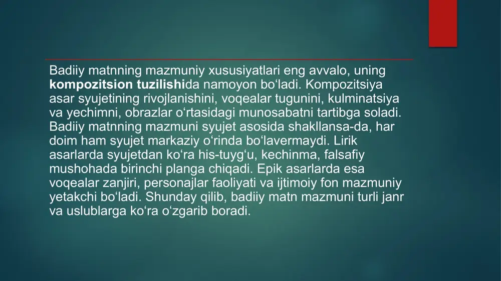 . hojiev a. tilshunoslikka kirish. – toshkent: o‘zbekiston milliy ensiklopediyasi, 2002. xudoyberganova d. nutq madaniyati va uslubiyat. – toshkent: o‘qituvchi, 2013. karimov n. badiiy nutqning til vositalari. – toshkent: fan, 2017. qorayev b. adabiy til va stilistika masalalari. – toshkent: adabiyot va san’at, 1999. normatov i. adabiy tahlilning lingvistik asoslari. – toshkent: universitet, 2020. slide 1 reja: slide 3 slide 4 slide 5 slide 6 slide 7 slide 8 slide 9 slide 10 slide 11 slide 12 xulosa foydalanilgan adabiyotlar